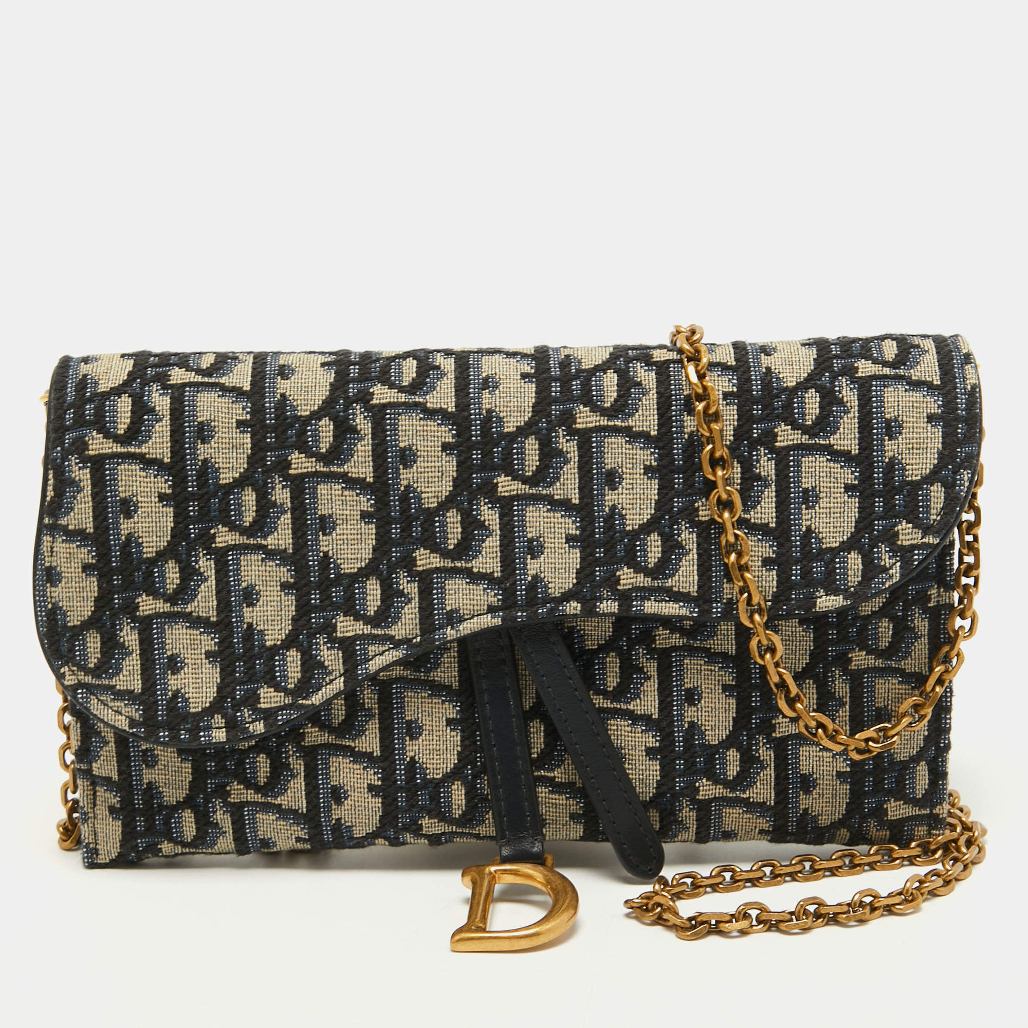 Pre Owned Dior Navy Blue Oblique Canvas and Leather Saddle Wallet On Chain