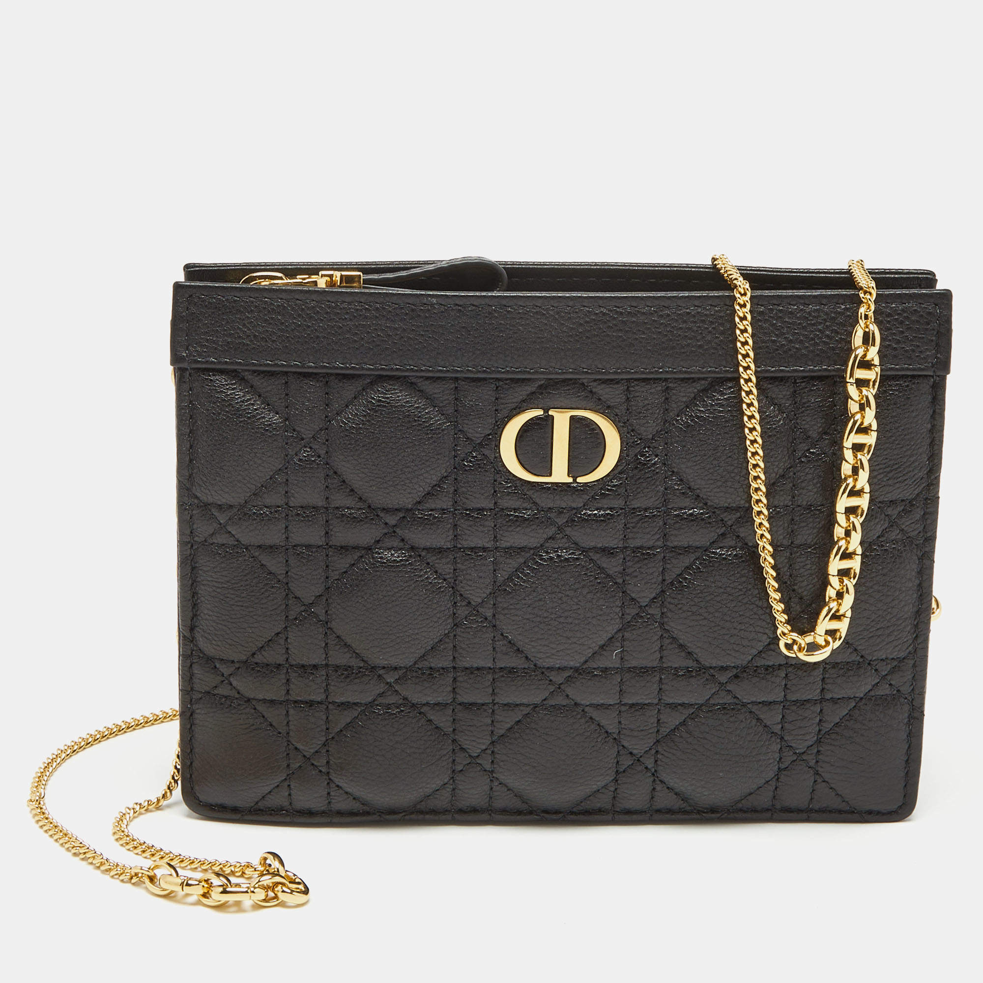 Dior Black Cannage Pebbled Leather Caro Zipped Chain Pouch