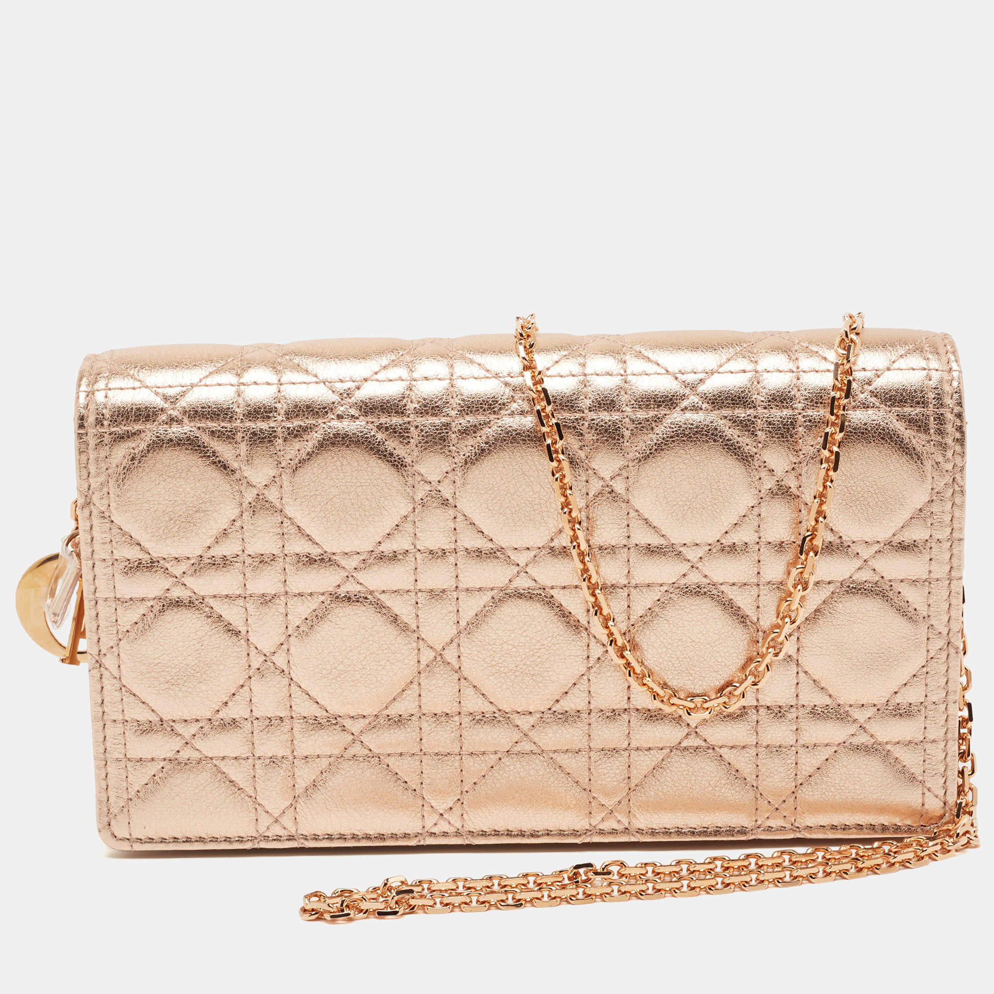 Pre Owned Dior Rose Gold Cannage Leather Lady Dior Pouch 
