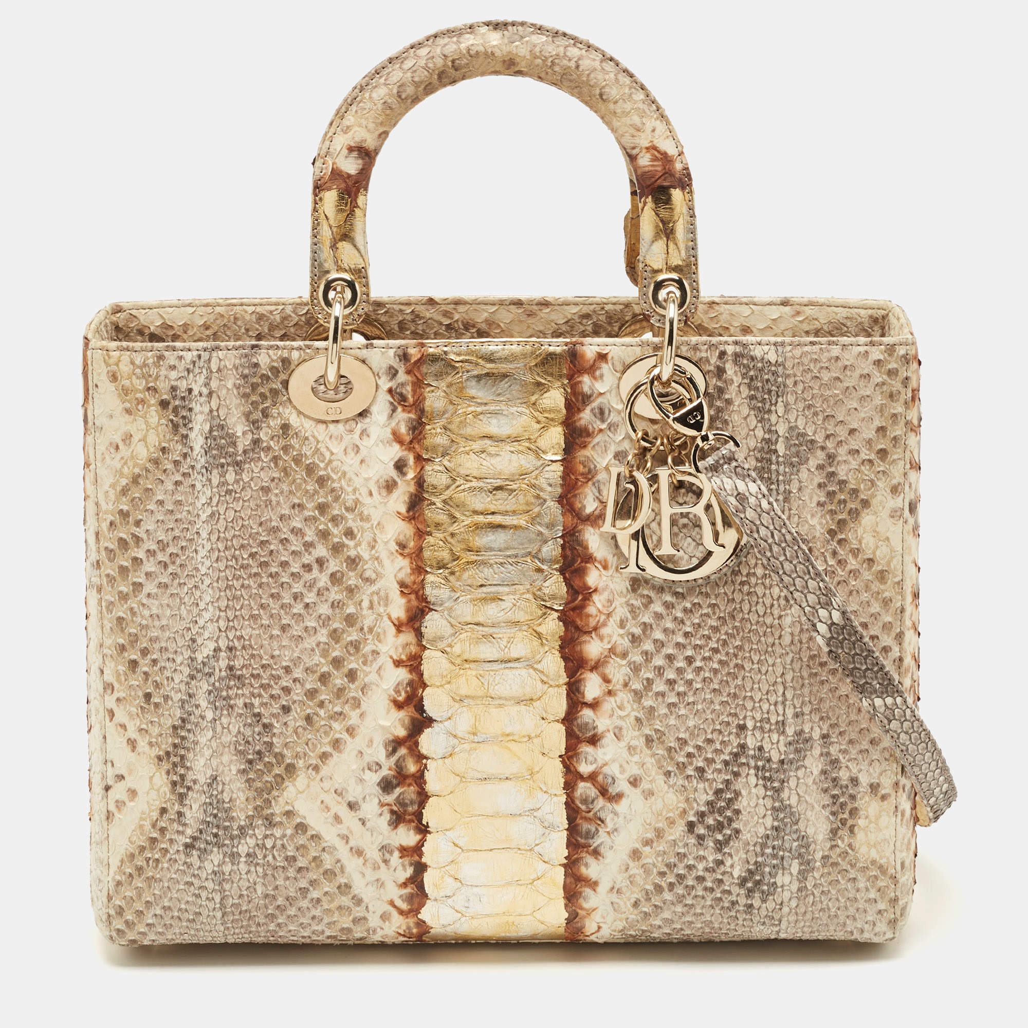 Dior Gold/Beige Python Large Lady Dior Tote