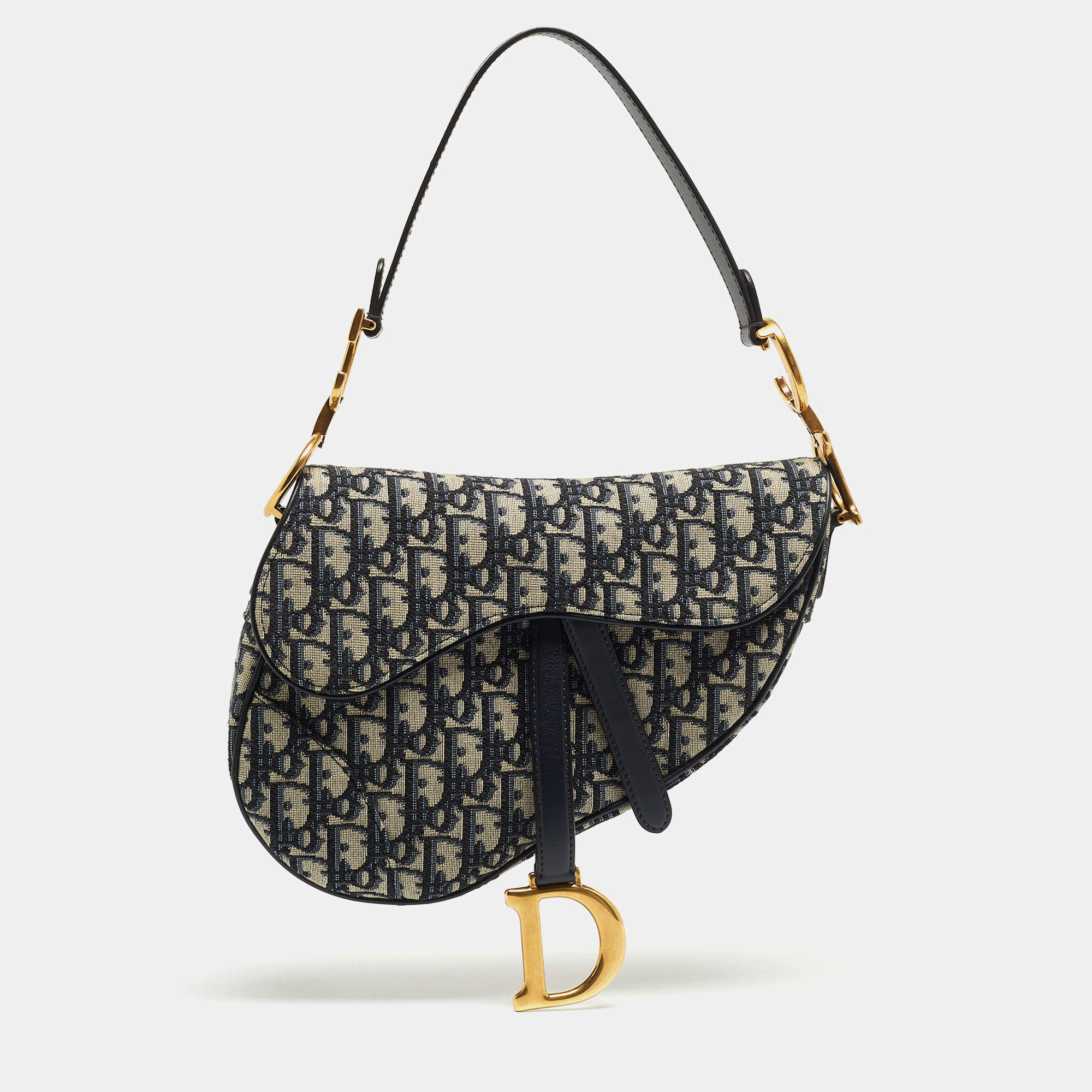 Pre Owned Dior Blue Oblique Canvas and Leather Saddle Bag