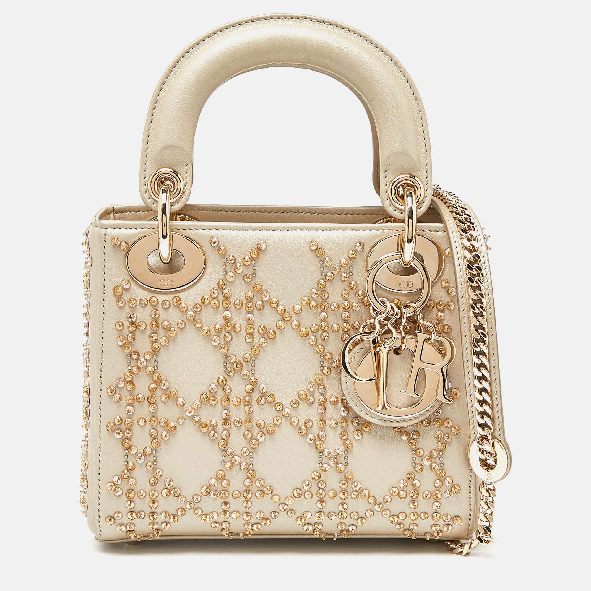 Pre Owned Dior Beige Beaded Embellished Leather Mini Lady Dior Tote
