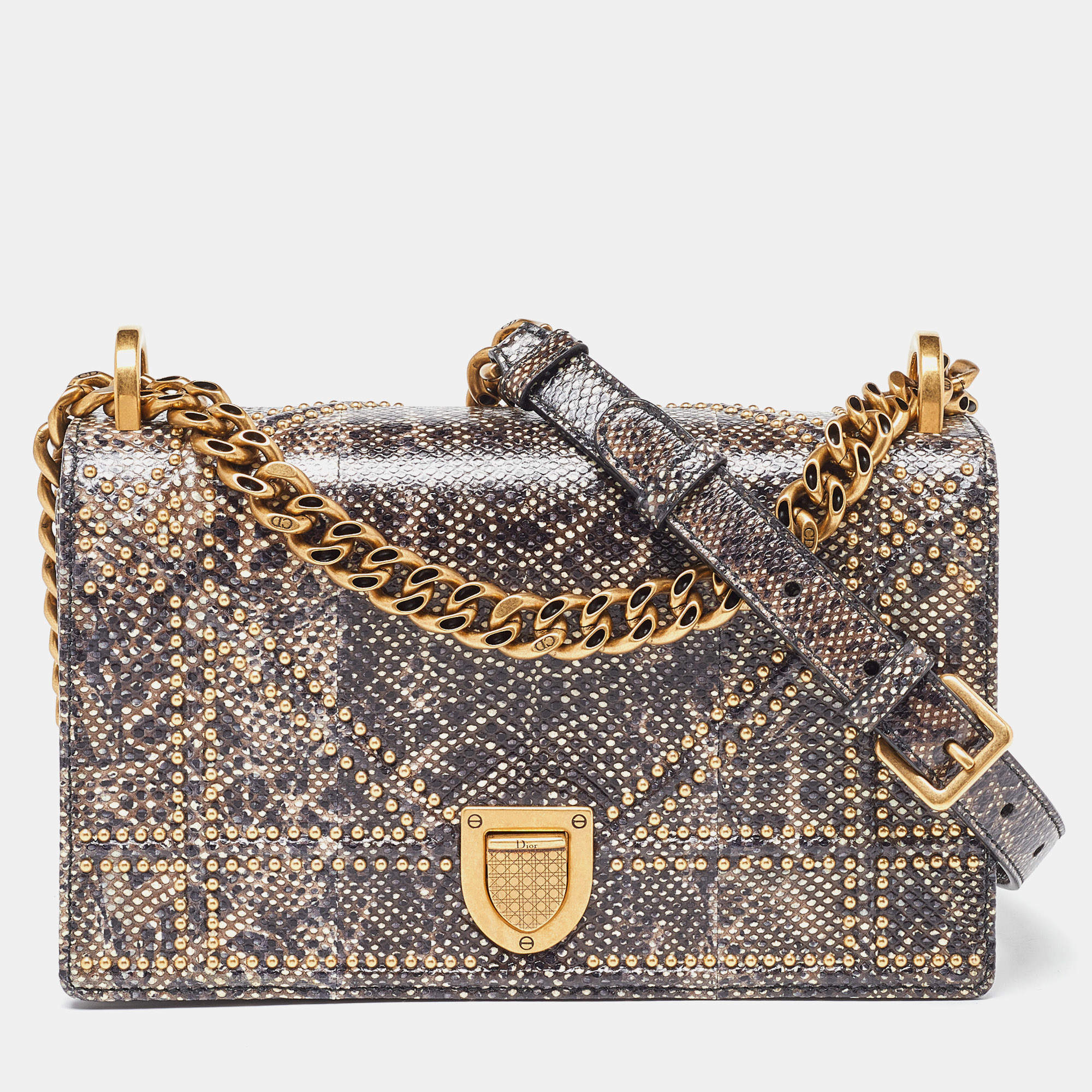 Pre Owned Dior Black Karung Leather Small Studded Diorama Shoulder Bag