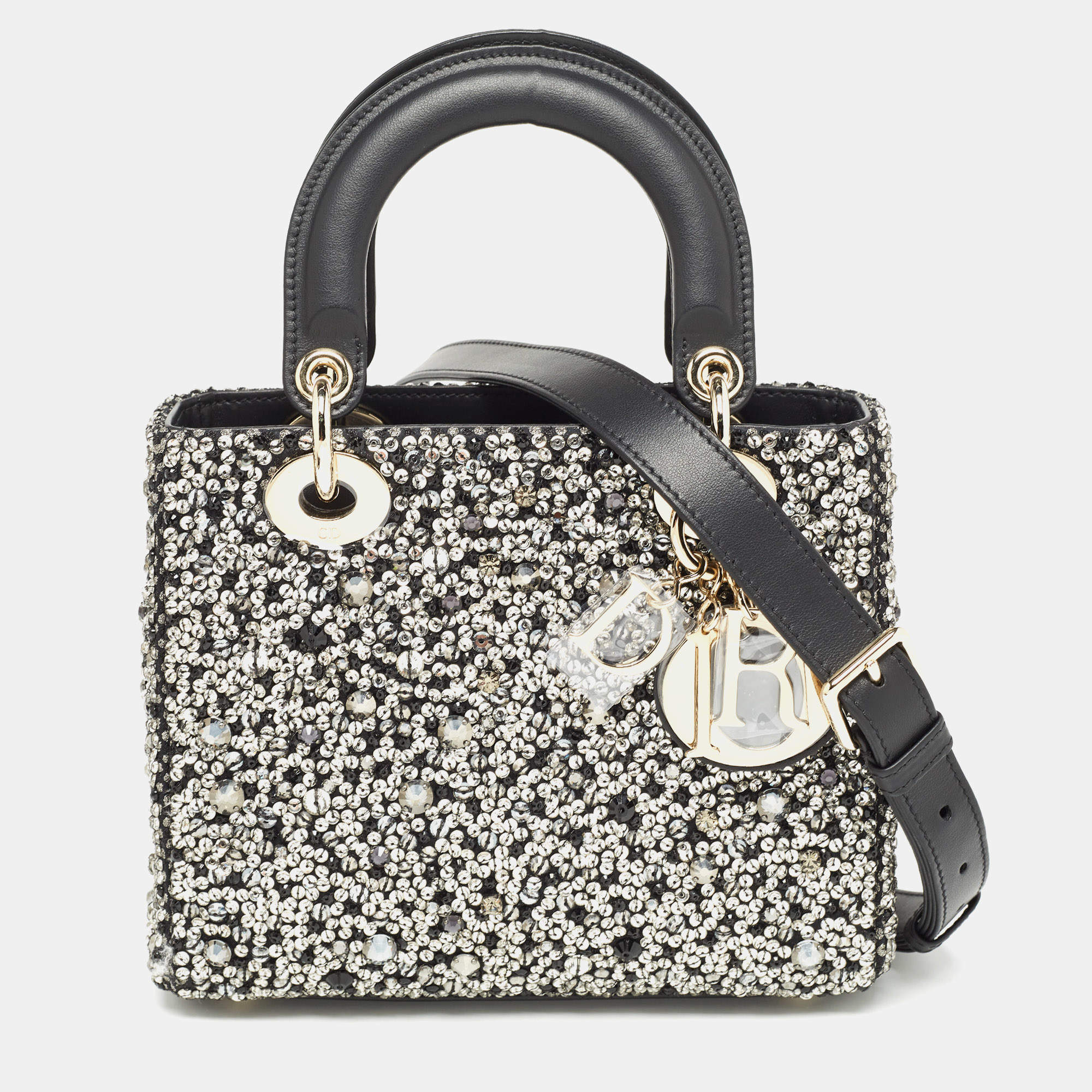 Dior Black Leather Sequins and Crystal Embellished Small Lady Dior Tote