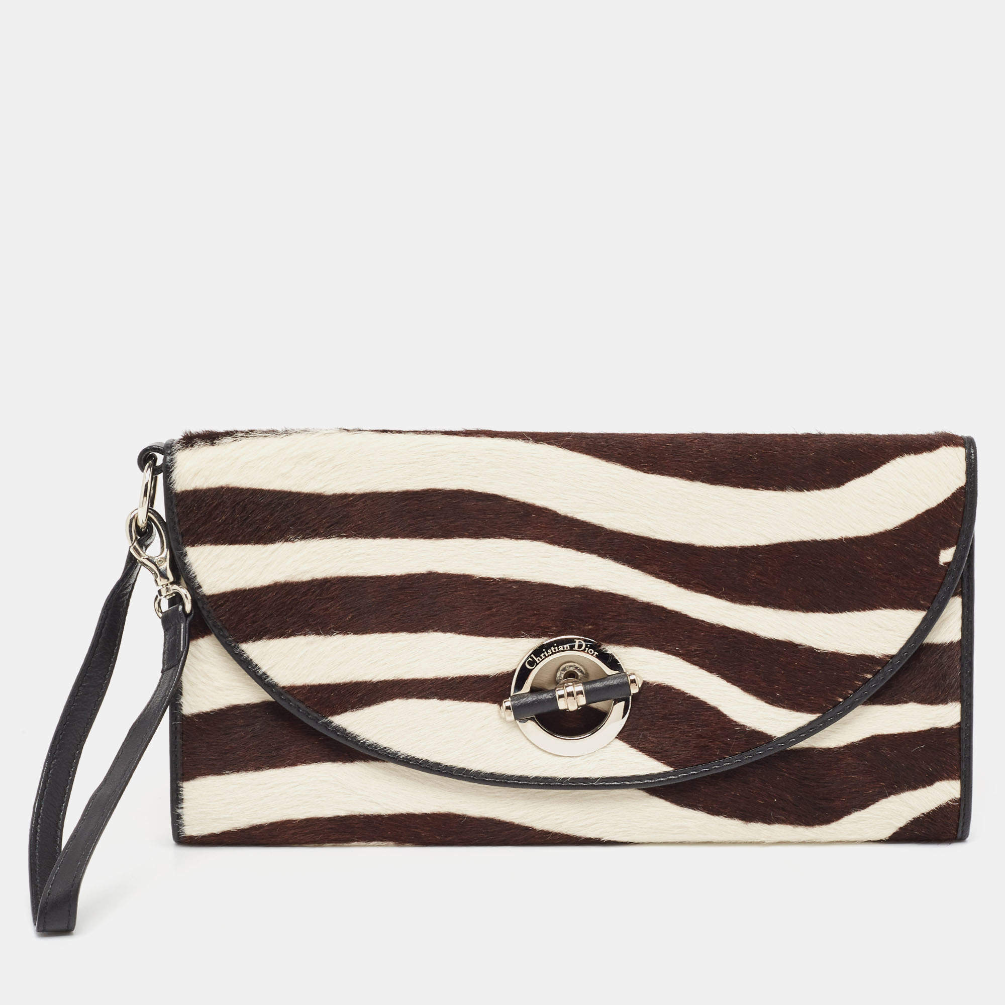 Pre Owned Dior Black/White Calf Hair and Leather Jazz Wristlet Clutch