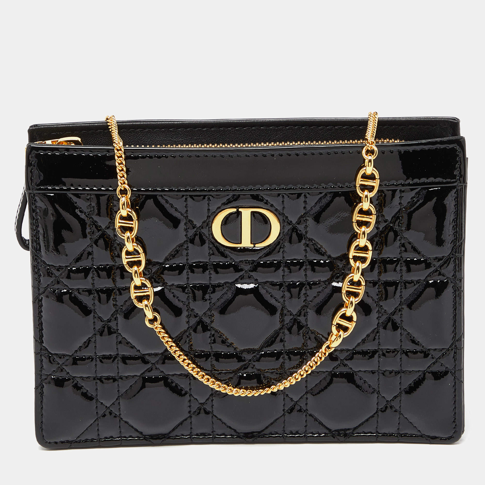 Dior Black Cannage Patent Leather Caro Zipped Chain Pouch