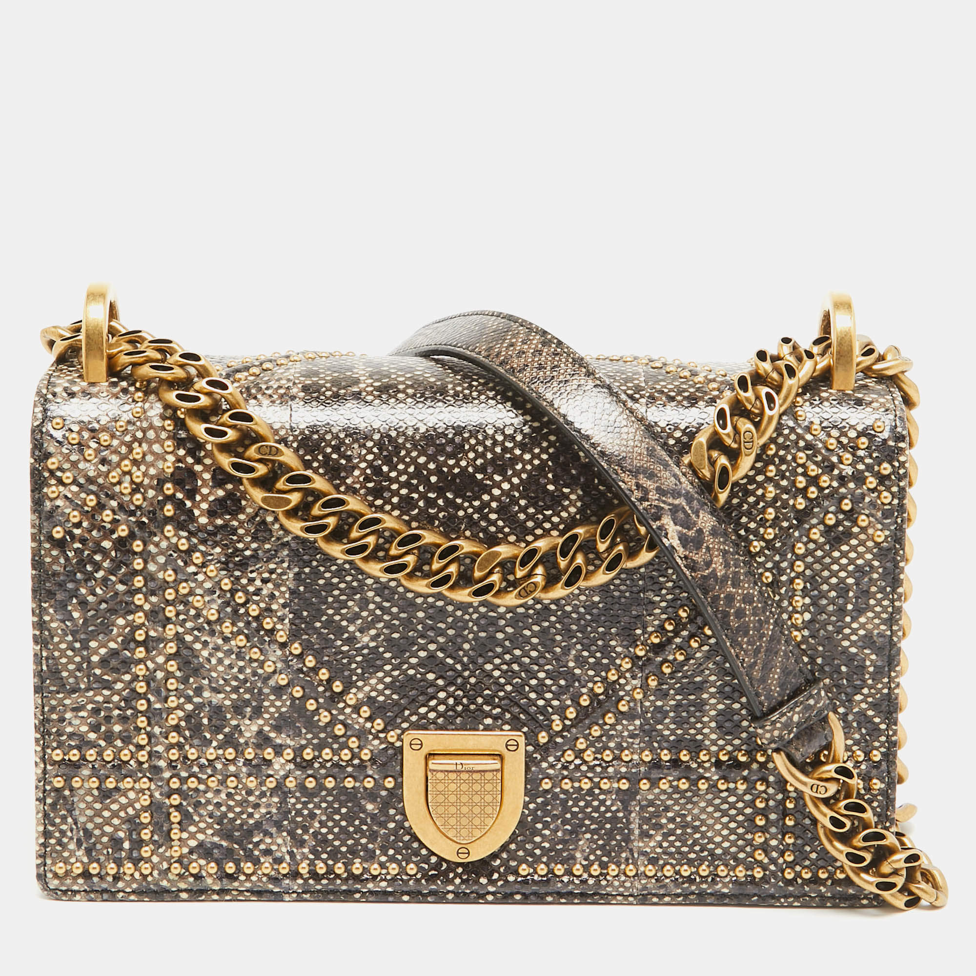 Pre Owned Dior Black/Beige Karung Leather Small Studded Diorama Shoulder Bag
