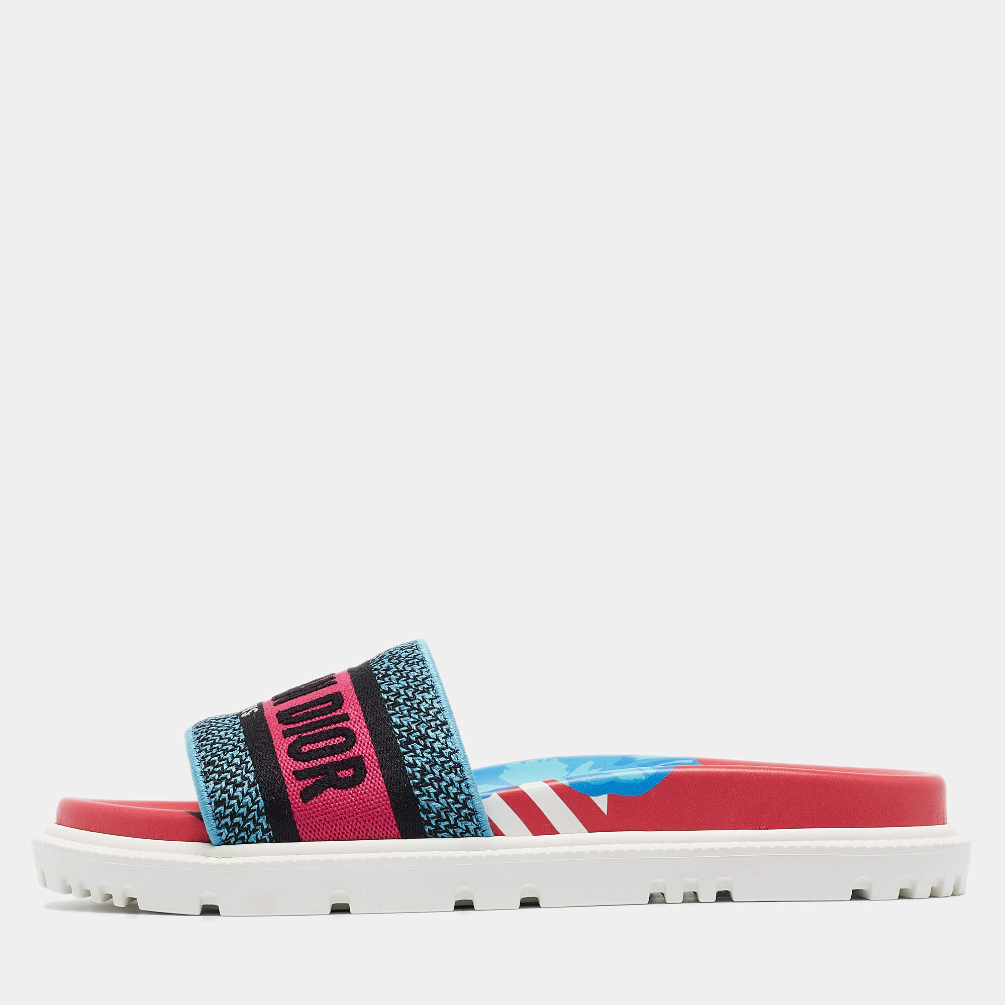 Dior Tricolor Logo Embossed Canvas Dway Slides Size 38.5