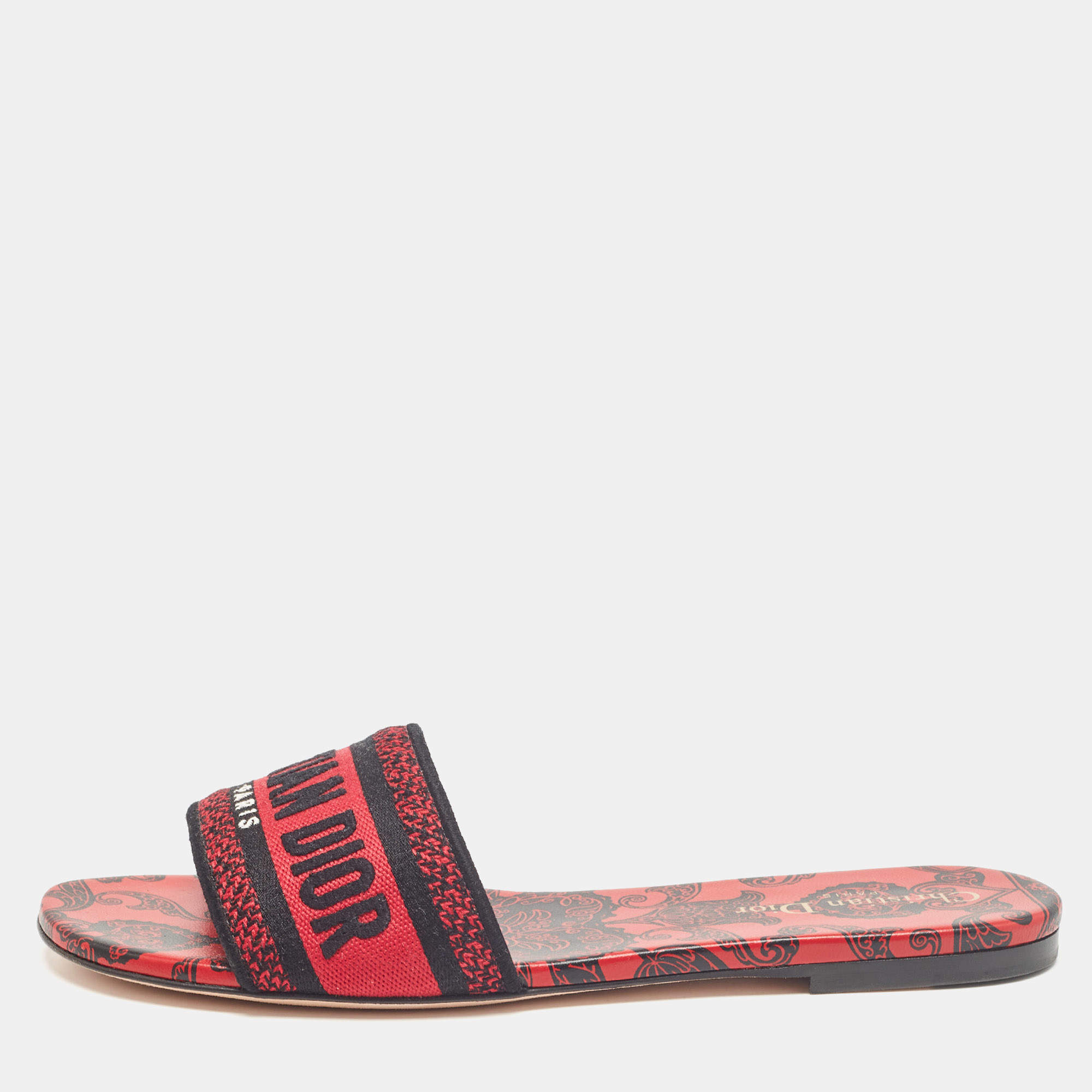 Dior Red/Black Canvas Dway Flat Slides Size 40