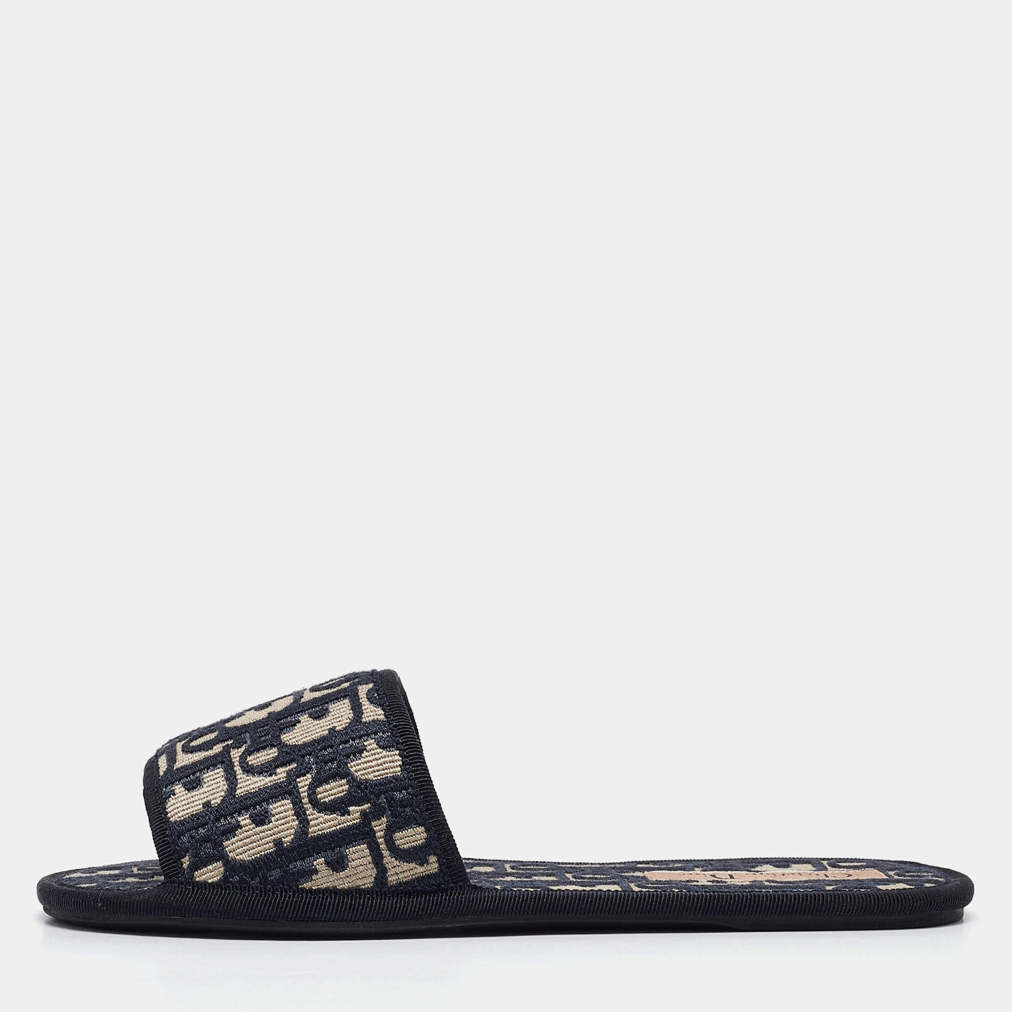 Dior Navy Blue/Cream Jacquard Flat Slides Size 37.5