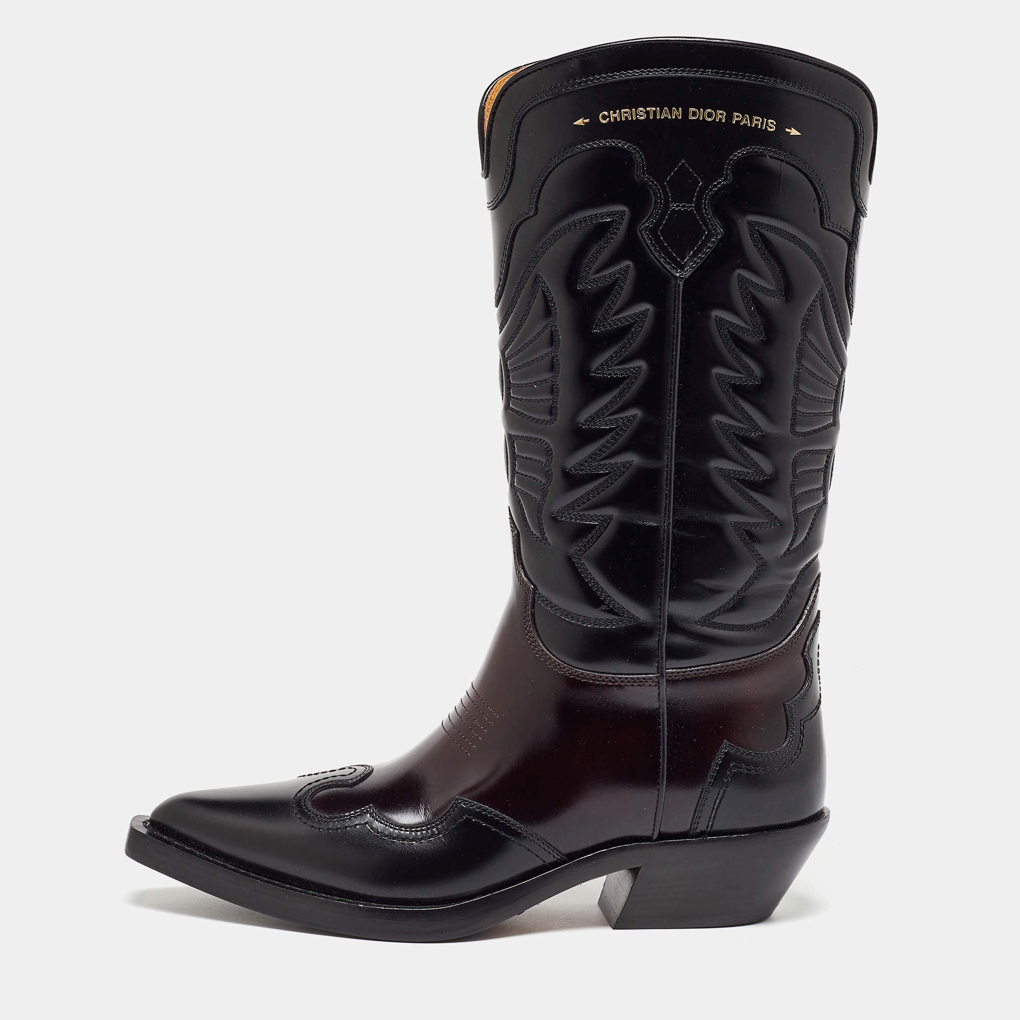 مملوكة مسبقًا Dior Black/Brown Leather Embroidered Knee Length Boots Size 39.5