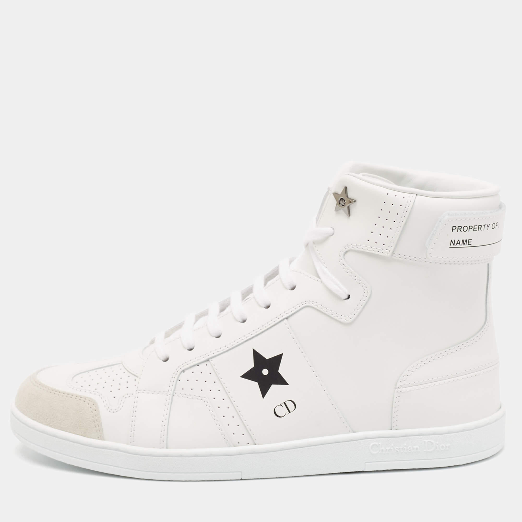 Pre Owned Dior White Leather and Suede DiorStar High Top Sneakers Size 39.5