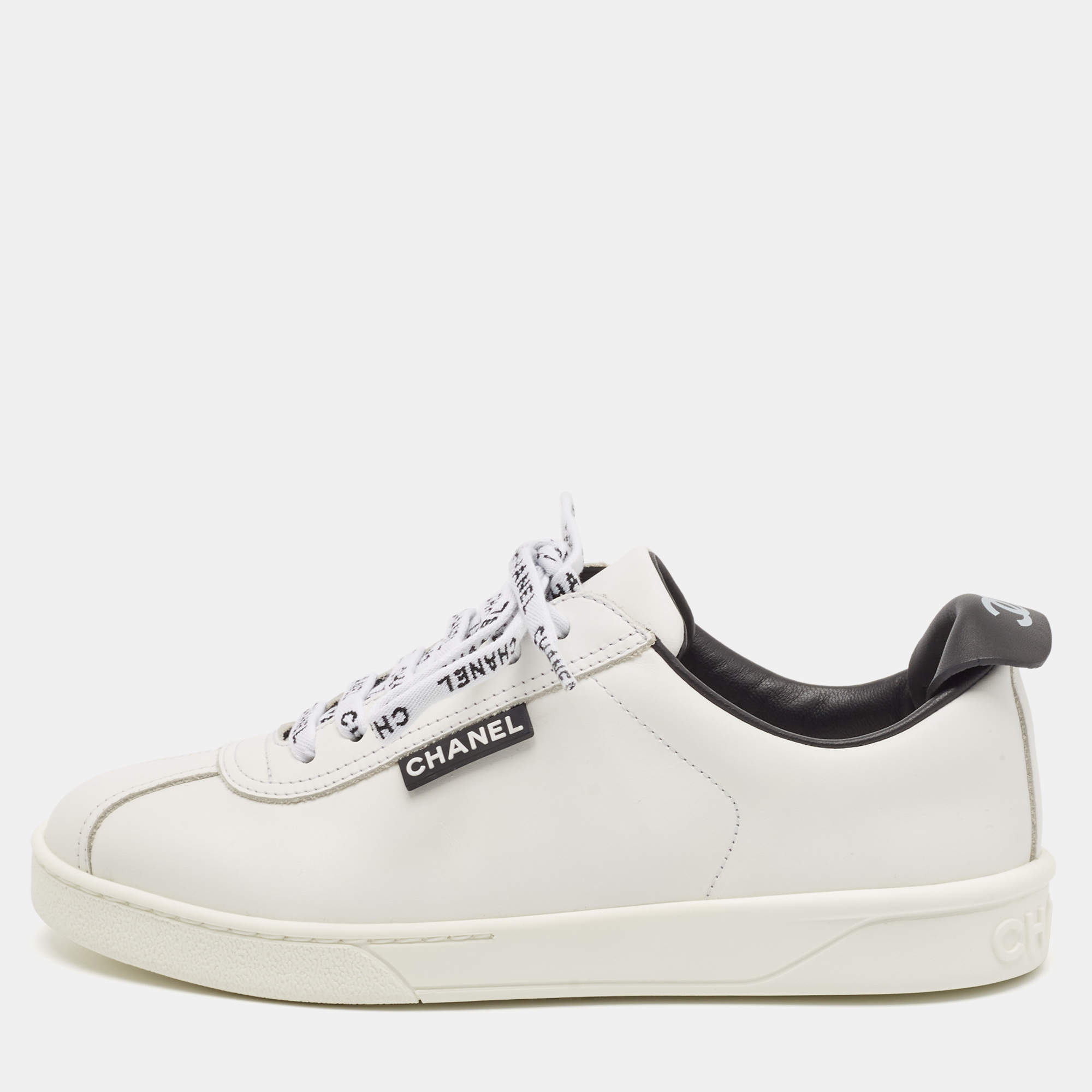 Chanel White/Black Leather Logo Lace Up Low Top Sneakers Size 36