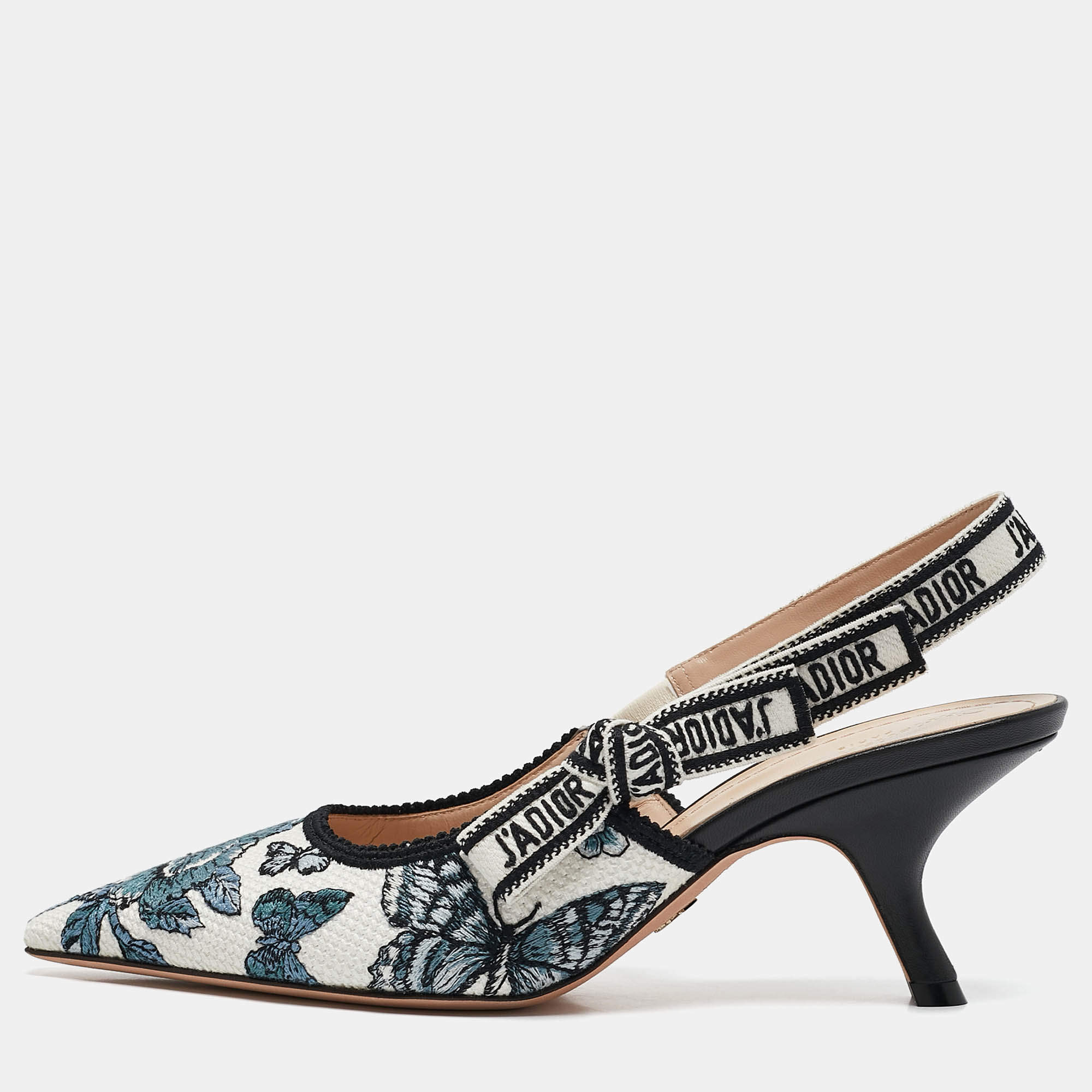 Dior Blue/White Floral Embroidered Canvas J'adior Slingback Pumps Size 39