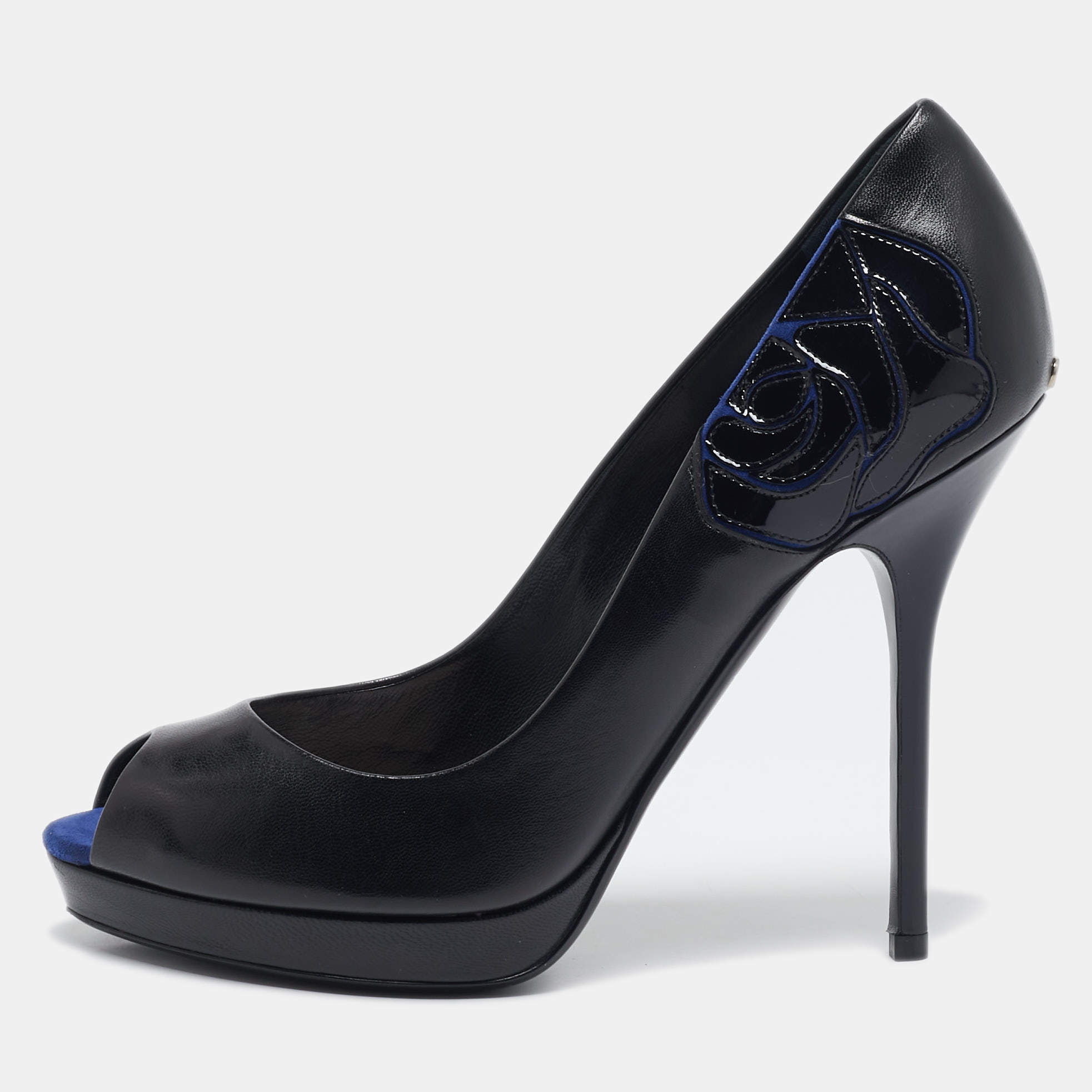 Dior Black/Blue Leather and Suede Rose Detail Peep Toe Pumps Size 38