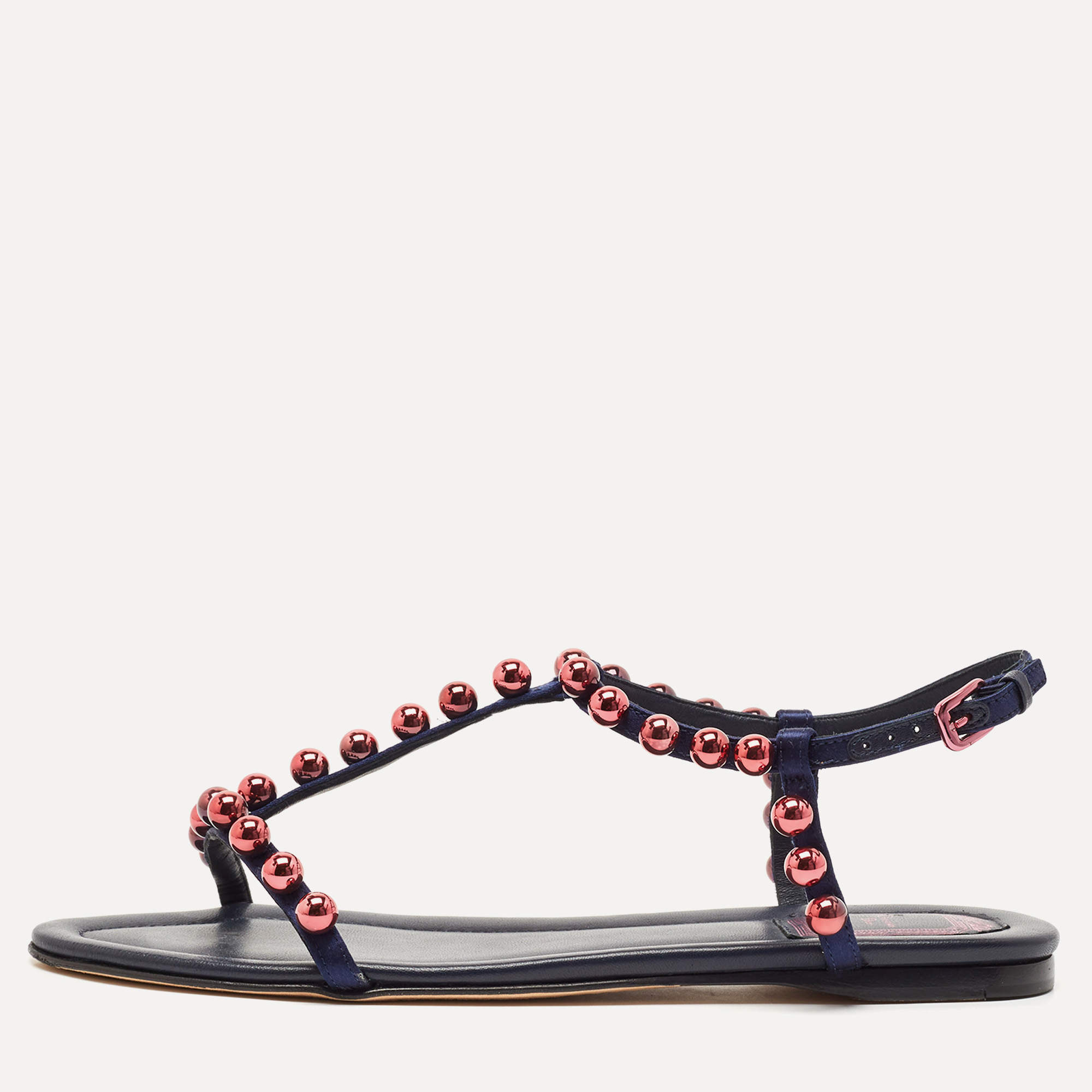 Dior Navy Blue Satin Beads T-Strap Flat Sandals Size 39