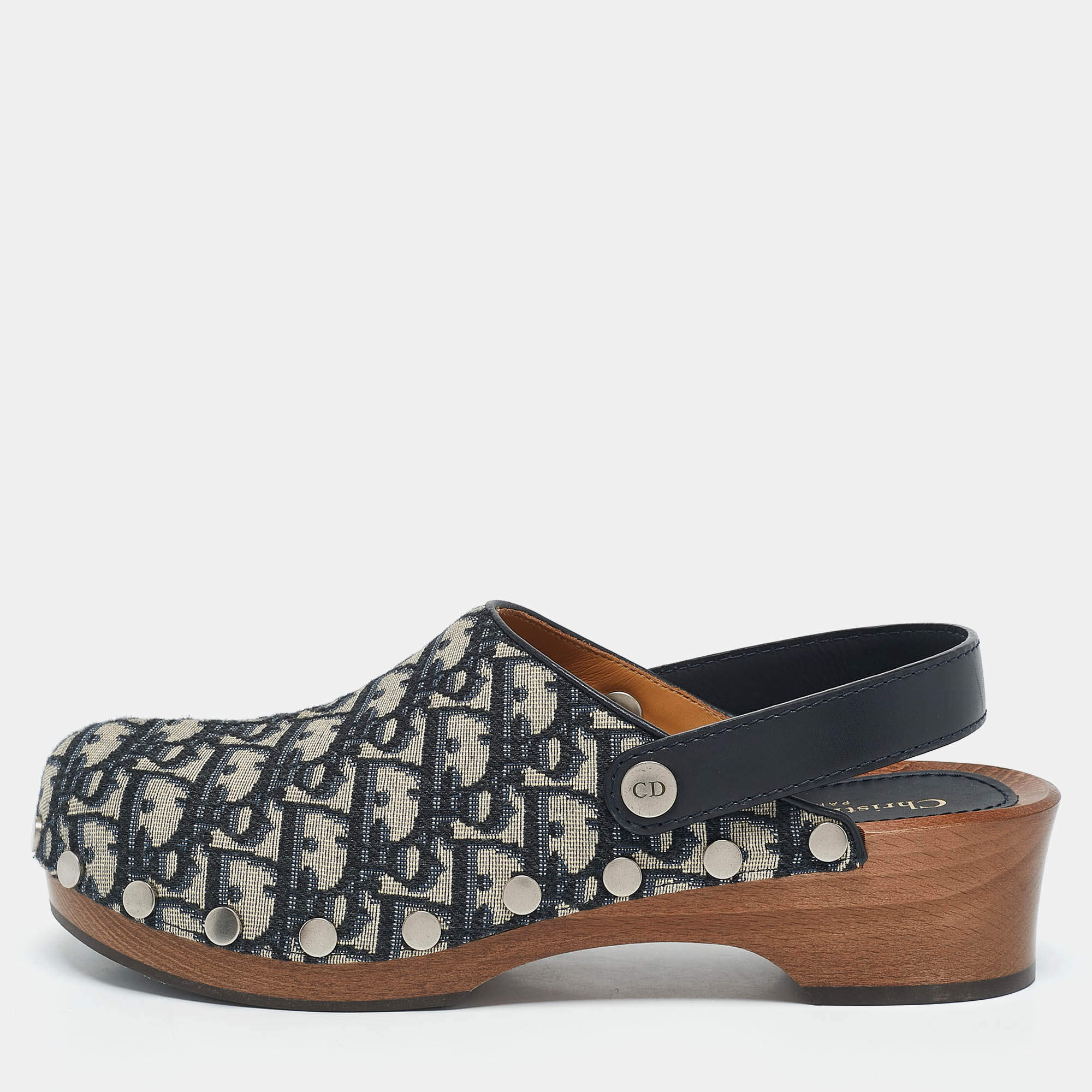 Dior Navy Blue Oblique Canvas and Leather Slingback Clogs Size 40