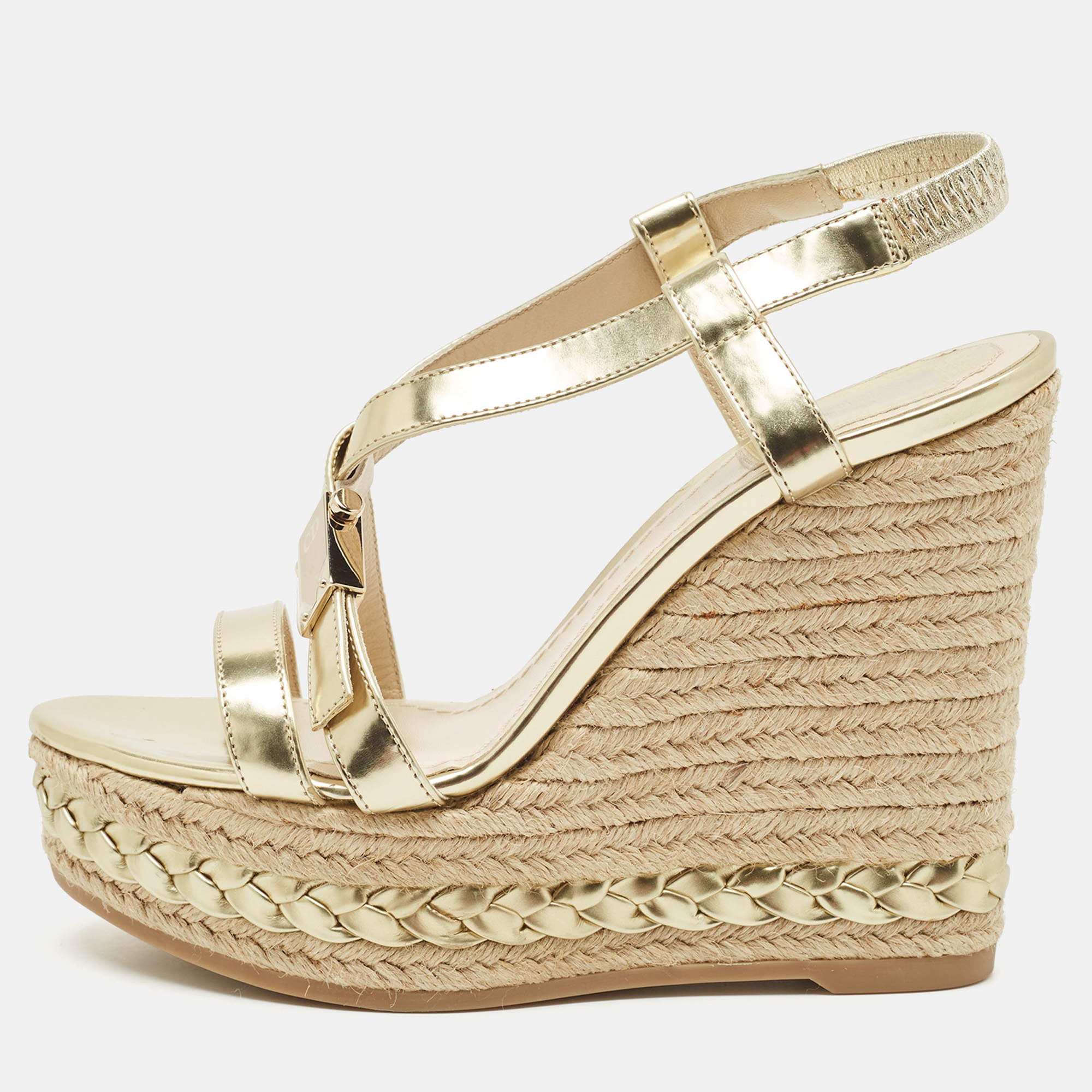 Pre Owned Dior Gold Leather Espadrille Wedge Sandals Size 36.5