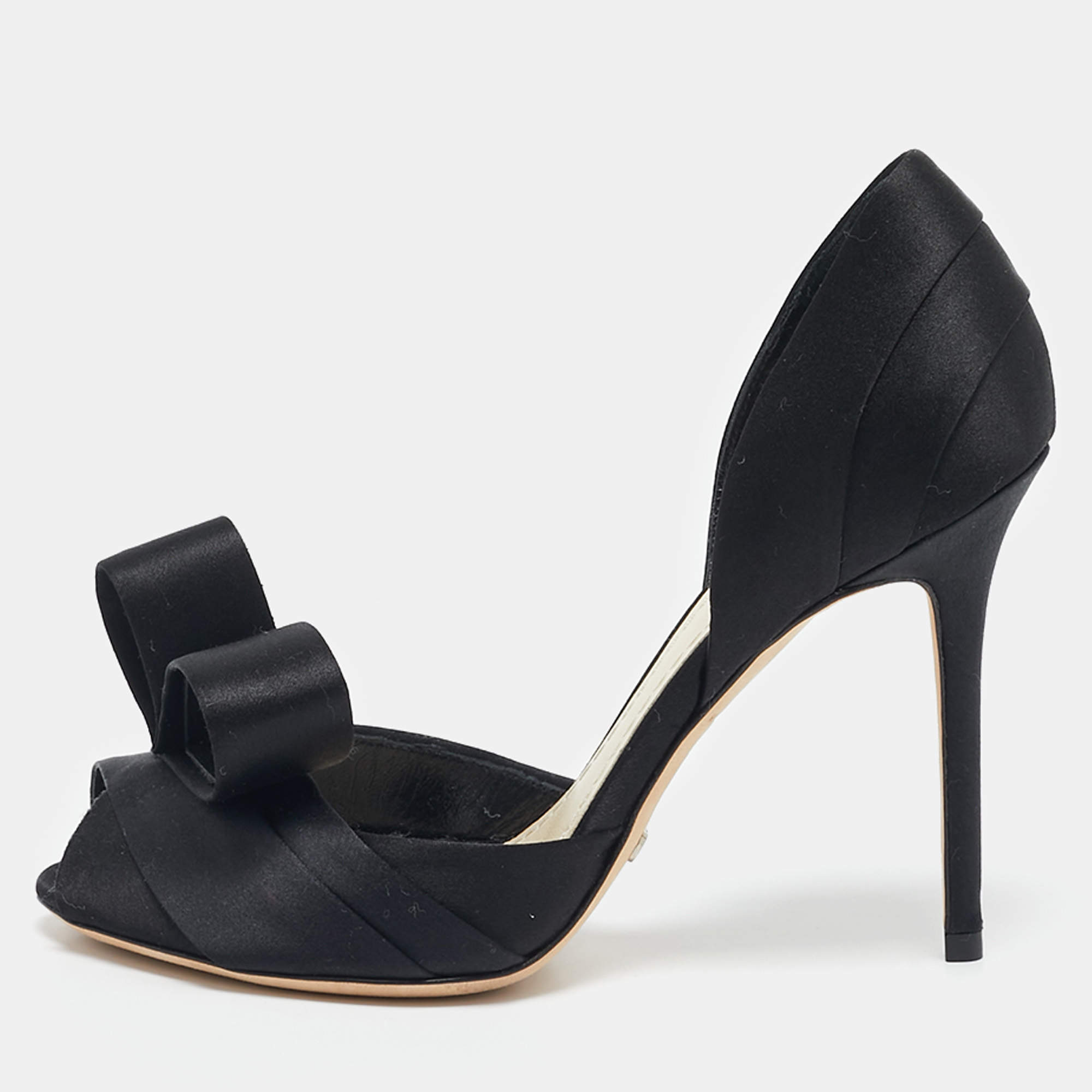Dior Black Satin Peep Toe Bow D'orsay Pumps Size 35