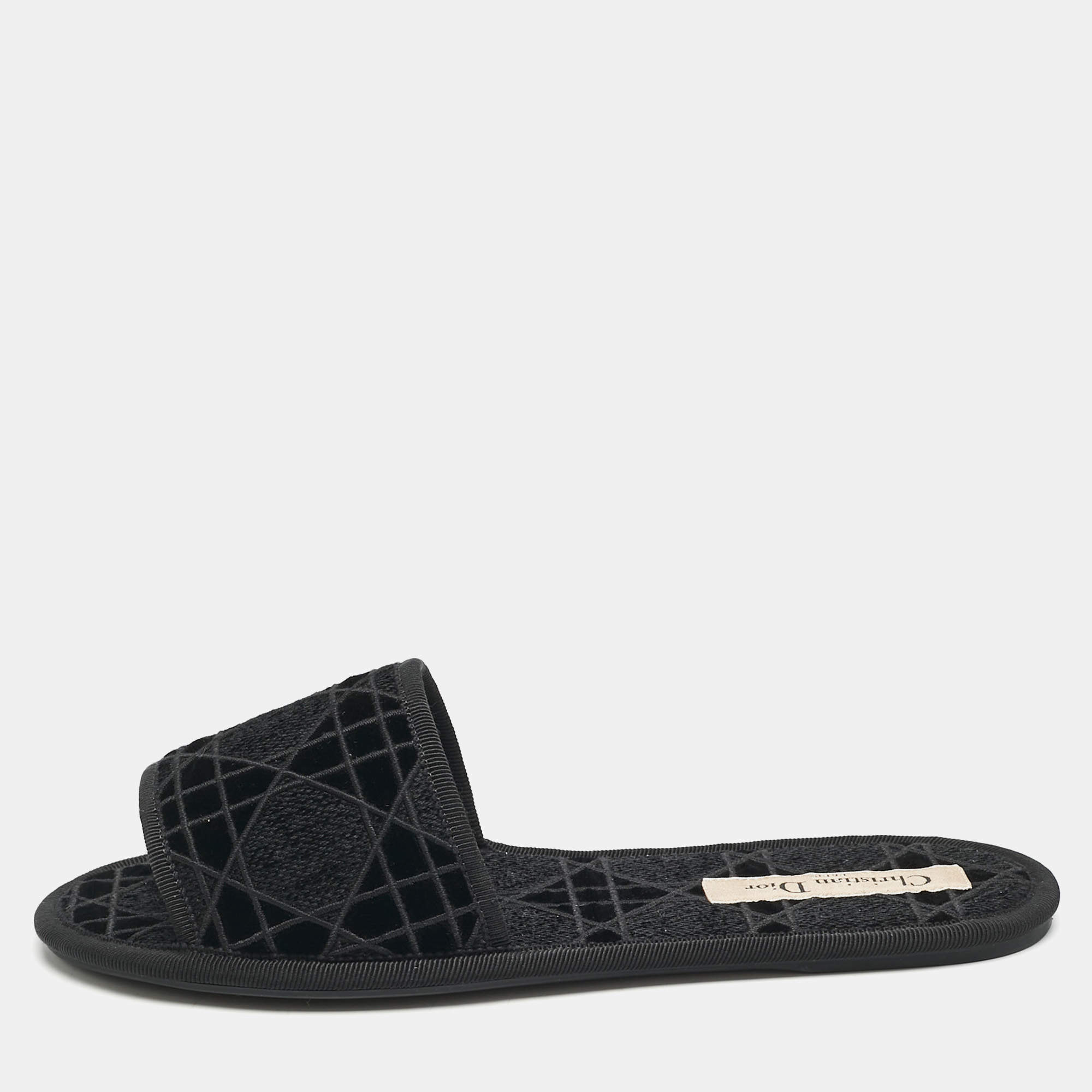 Dior Black Cannage Velvet Chez Moi Flat Slides 37.5