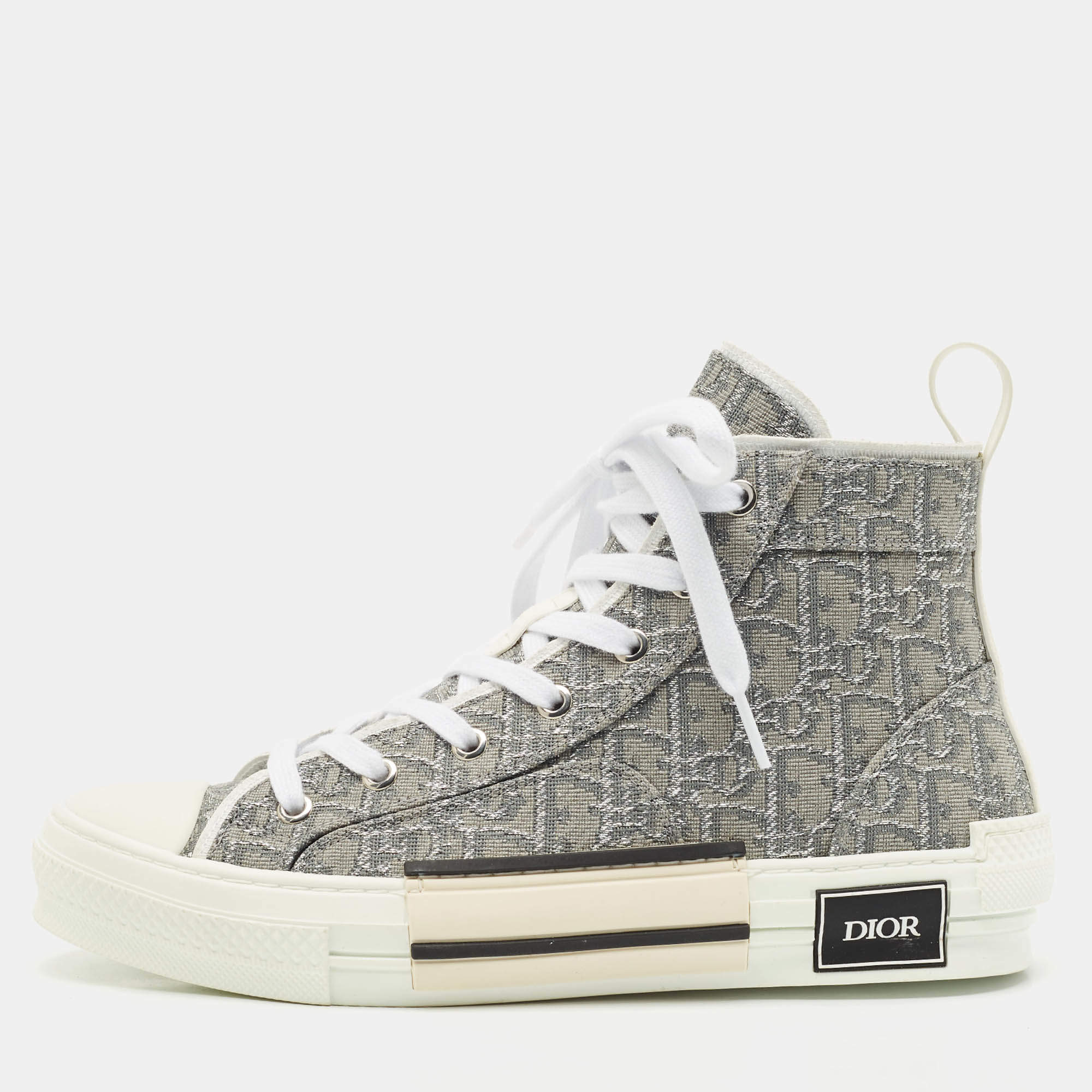 Dior Metallic Grey Oblique Jacquard B23 High Top Sneakers Size 40