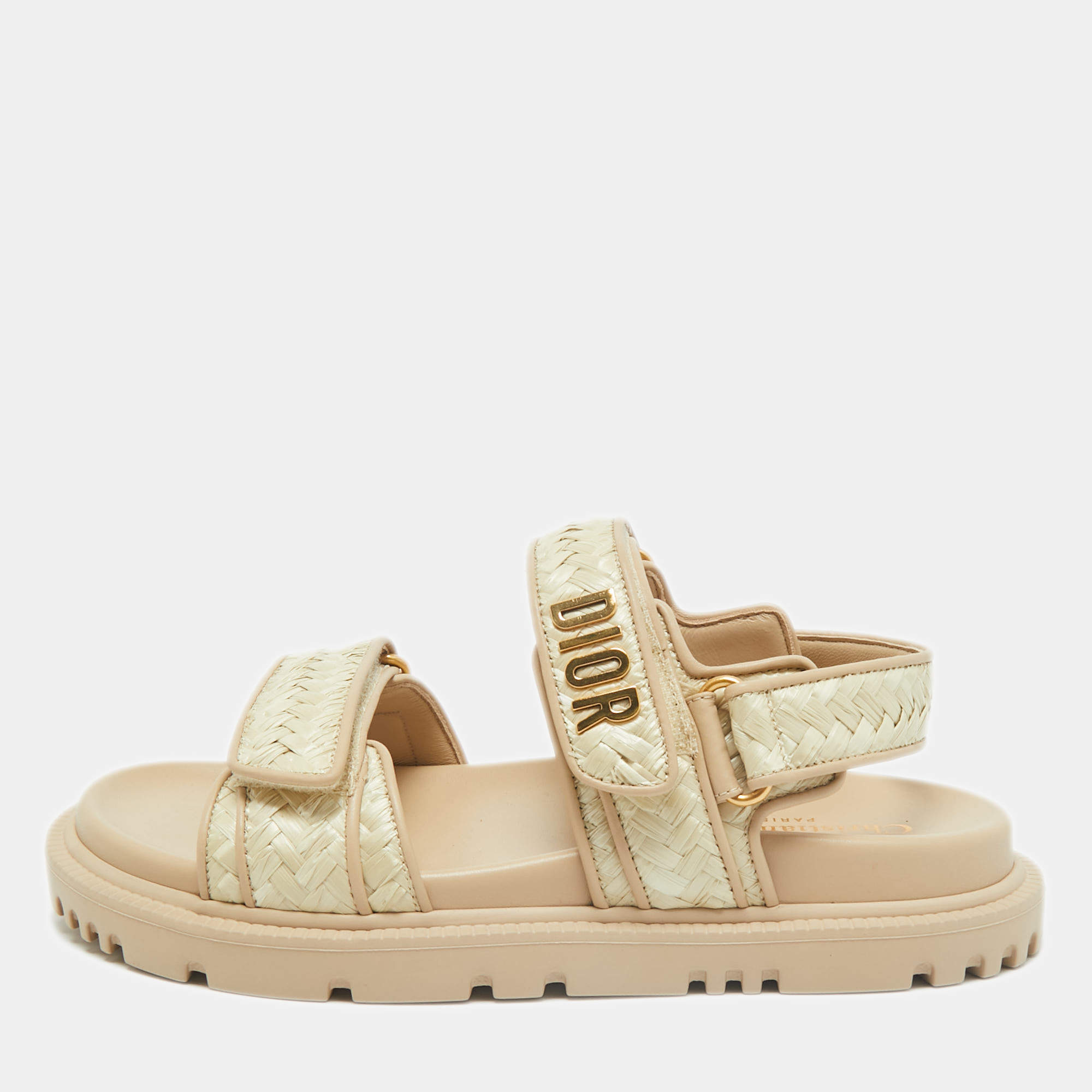 مملوكة مسبقًا Dior Beige Woven Raffia DiorAct Sandals Size 37.5