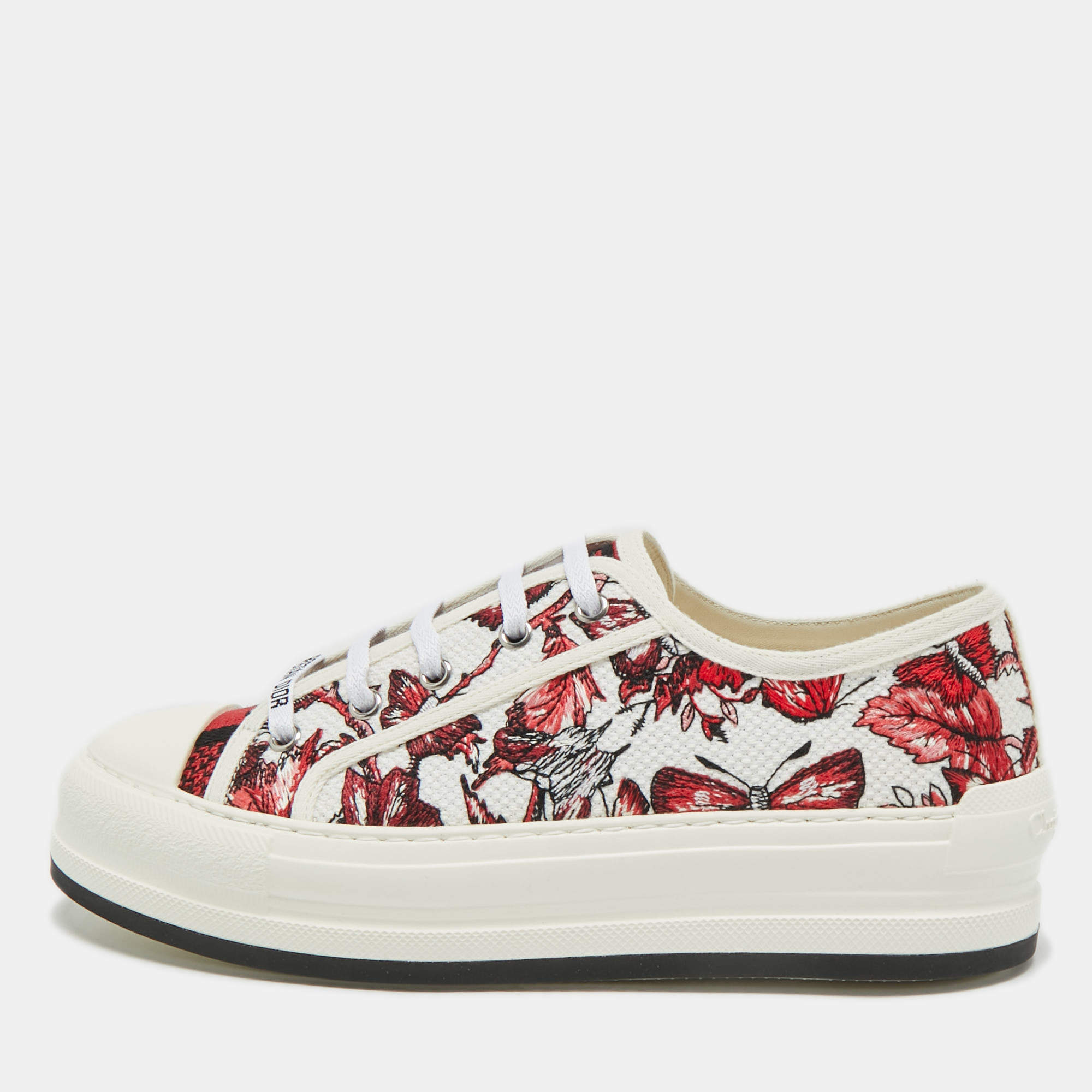 Pre Owned Dior Red/White Floral Embroidered Canvas Walk'n'Dior Sneakers Size 40