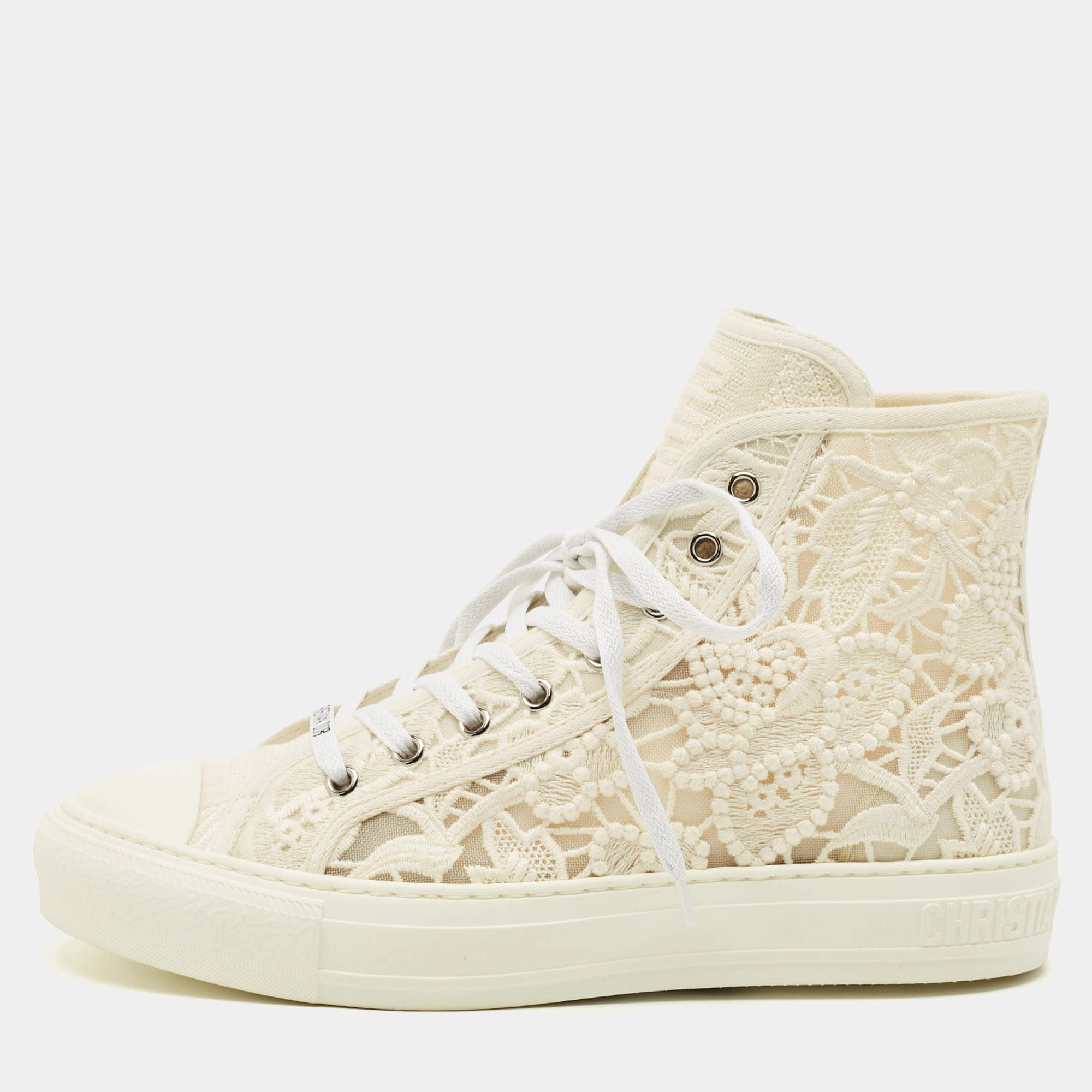 Pre Owned Dior Walk'n'Dior Size 40 White Canvas and Lace High Top Sneakers