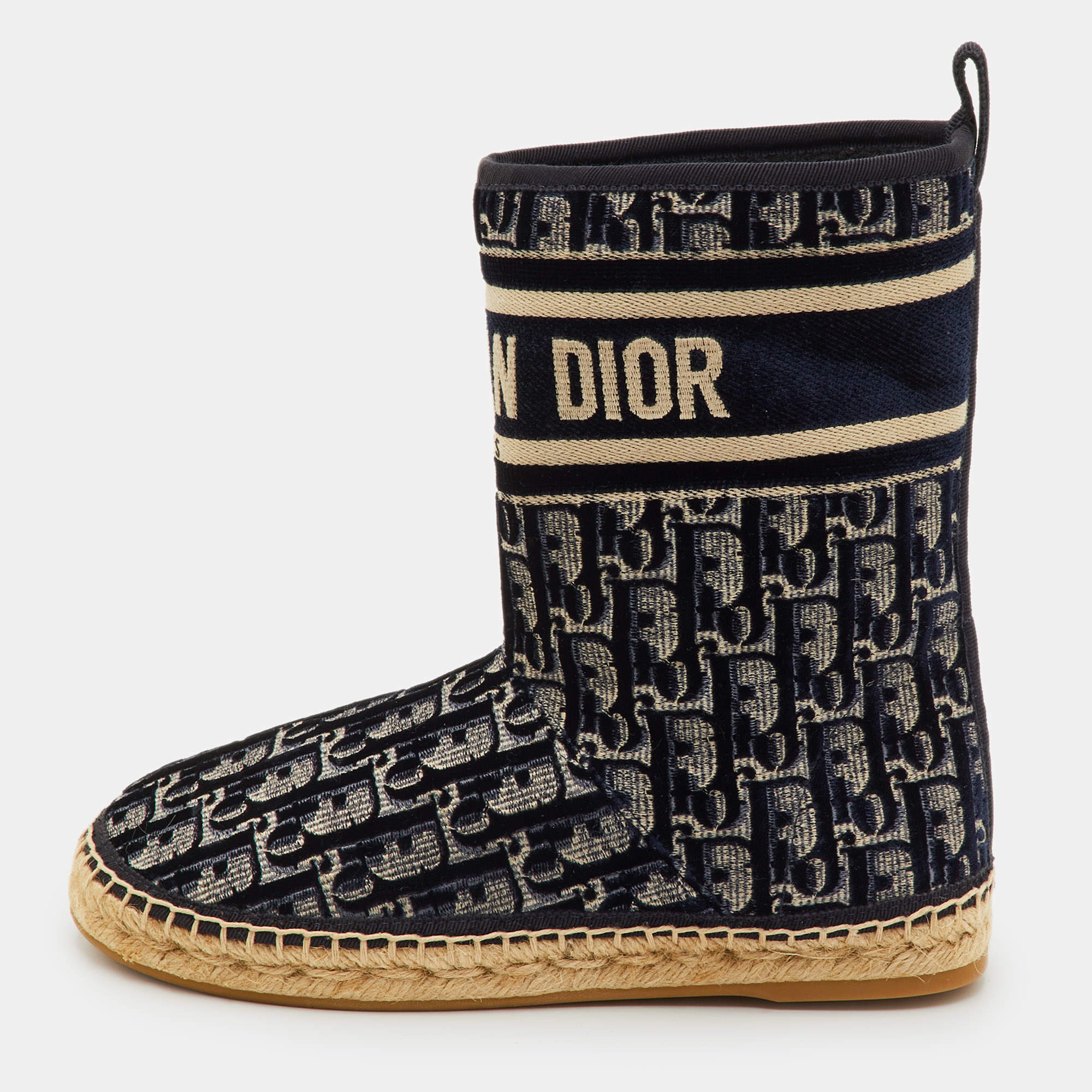Pre Owned Dior Granville Size 35.5 Navy Blue/Beige Oblique Velvet and Canvas Snow Boots