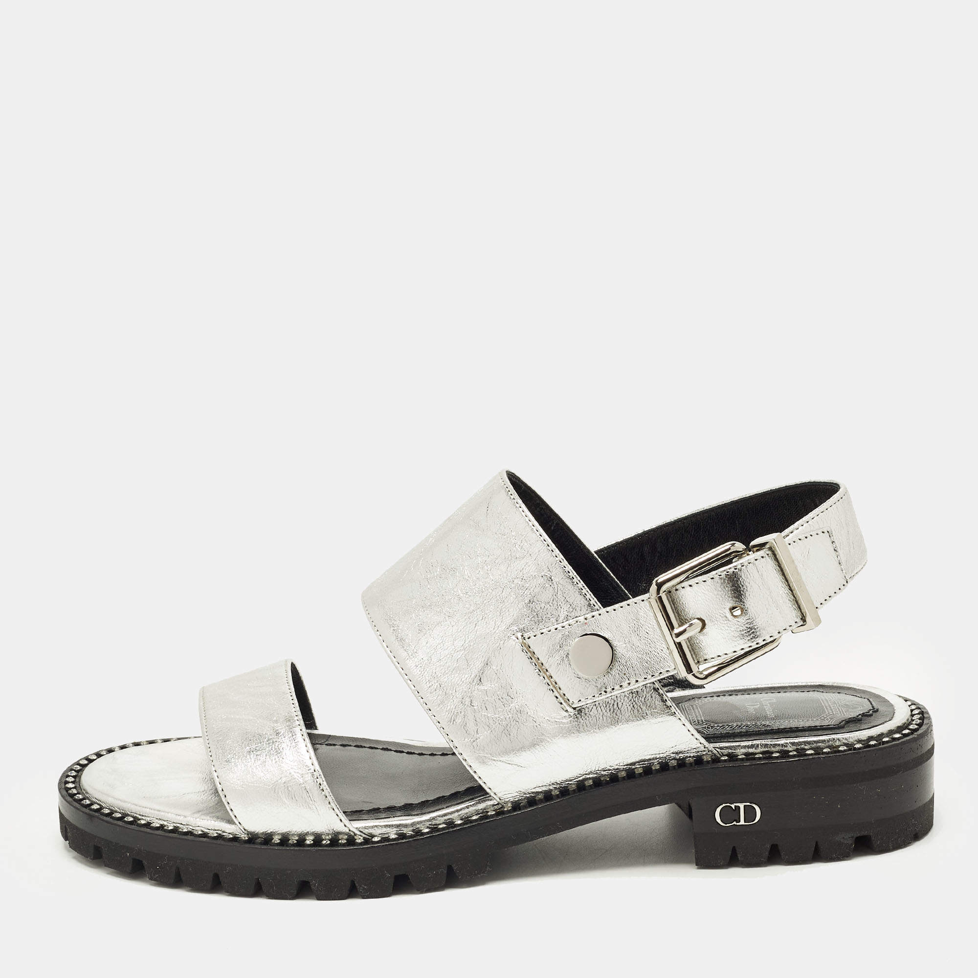 Pre Owned Dior Wanted Size 36 Silver Foil Leather Slingback Sandals