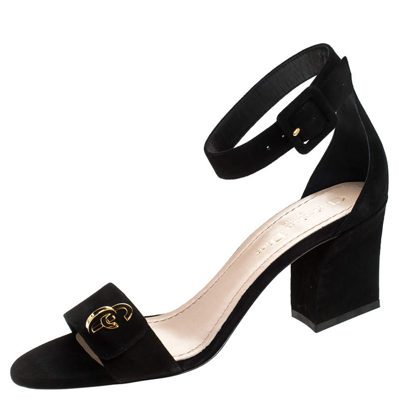 Pre Owned Dior Black Suede C'est Ankle Strap Block Heel Sandals Size 37