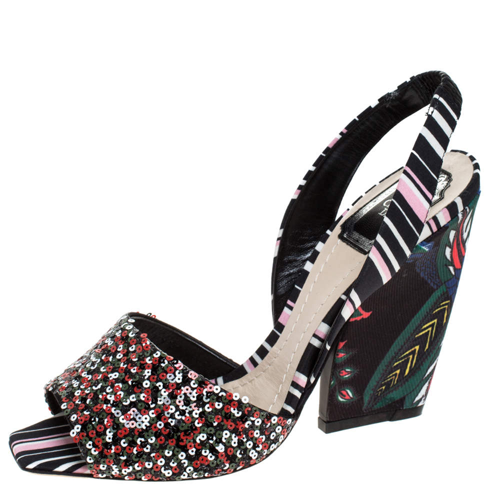 Dior Multicolor Sequins and Fabric Open Toe Slingback Sandals Size 40