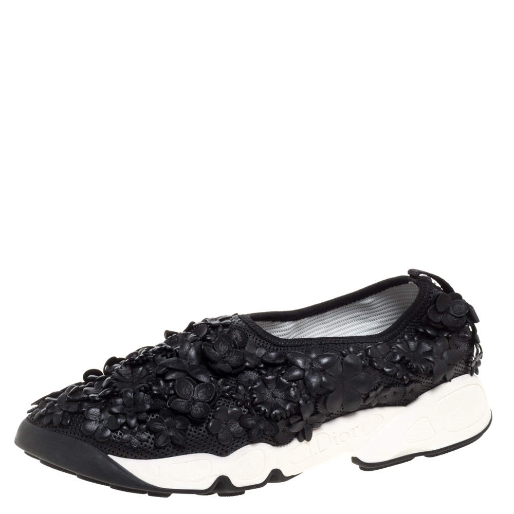Dior Black Leather Fusion Floral Applique Sneakers Size 37