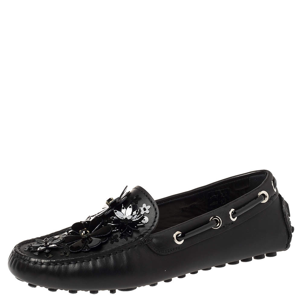 Pre Owned Dior Black Leather Drive Me Floral Embellished Loafers Size 35