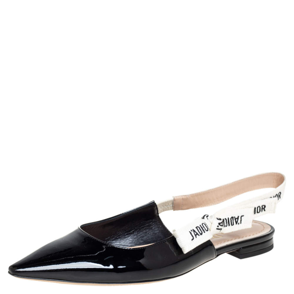 Dior Black Patent Leather J'Adior Slingback Flats Size 38.5