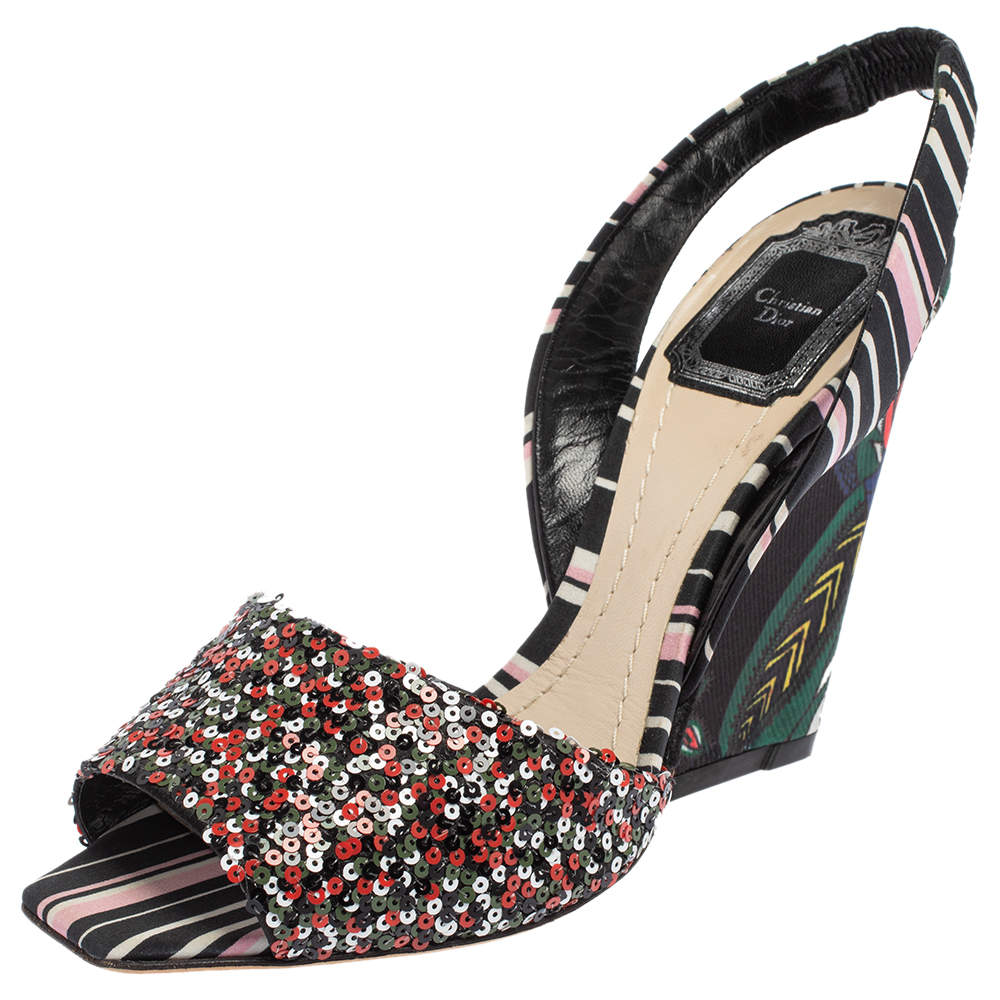 Pre Owned Dior Multicolor Sequins And Fabric Wedge Open Toe Slingback Sandals Size 38