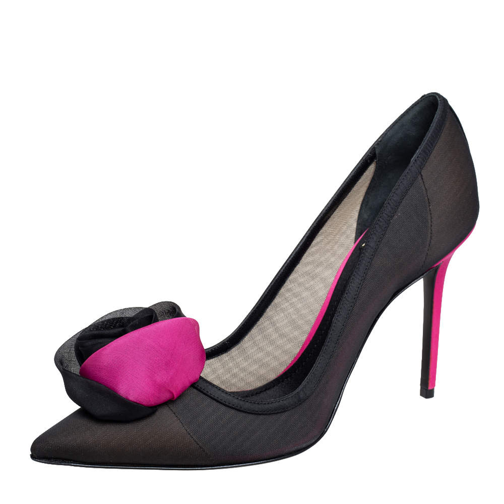 Pre Owned Dior Black/Pink Satin and Mesh Garden Pumps Size 38.5