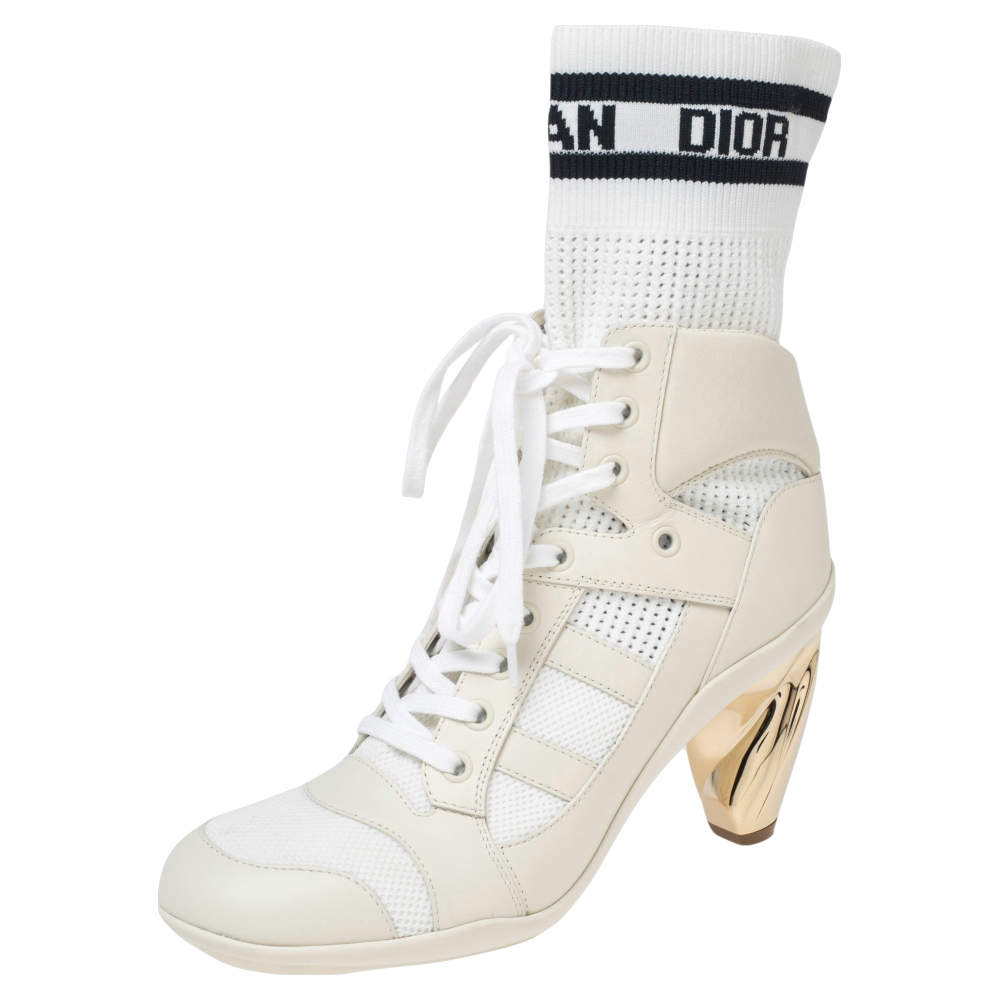 Dior White Leather, Mesh and Knit Fabric D-Zenith Ankle Boots Size 37.5