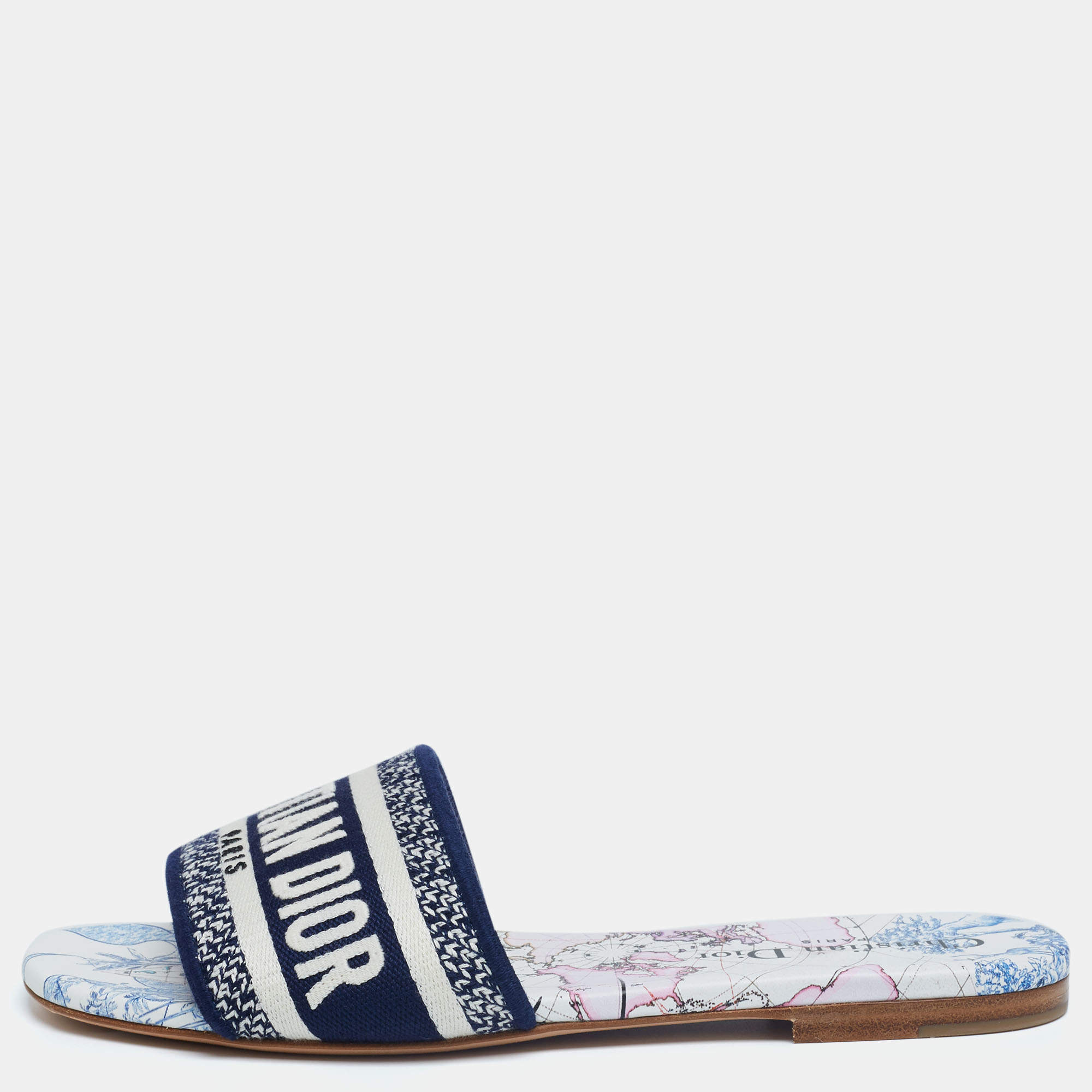 مملوكة مسبقًا صندل سلايد فلات ديور دي واي كانفاس متعدد الألوان شعار مطرز مقاس 36