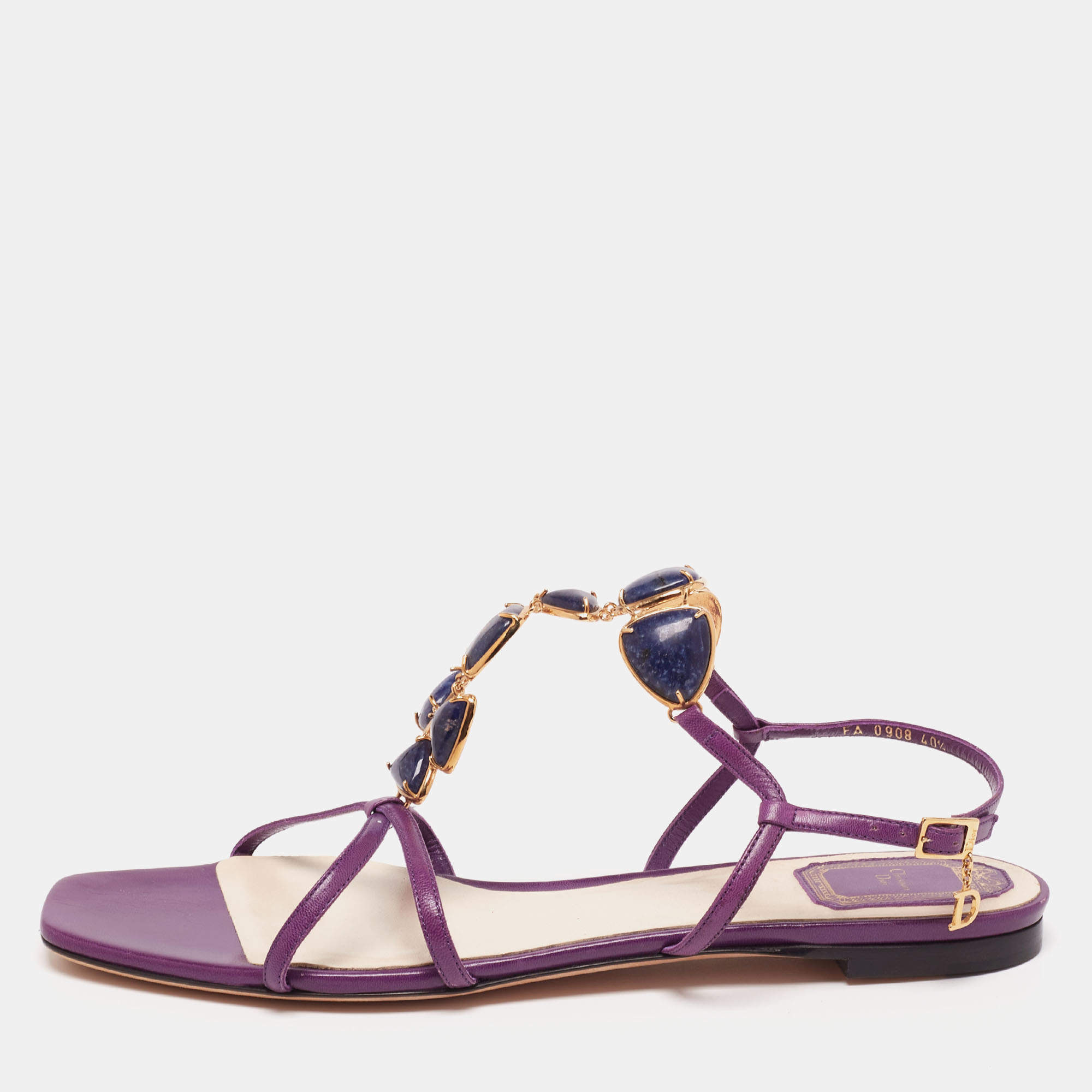 Pre Owned Dior Purple Leather Crystal  Embellished Strappy Flat Sandals Size 40.5