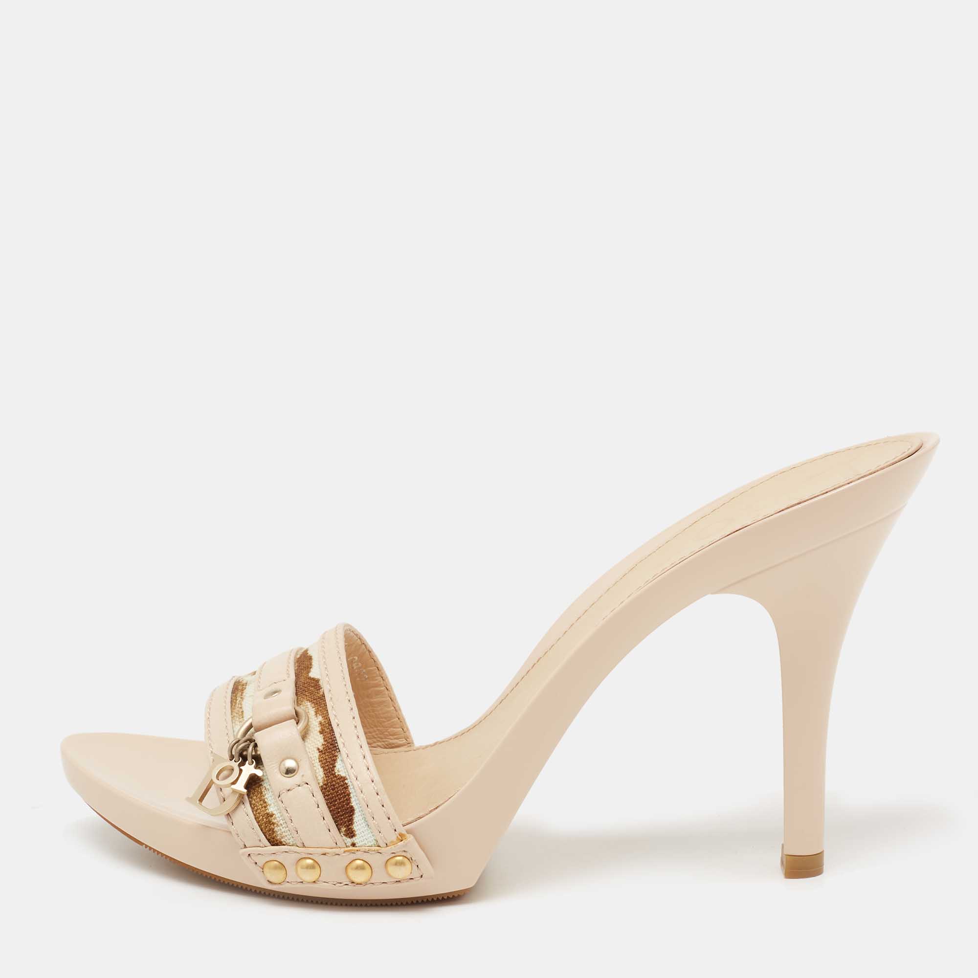 Dior Beige/Brown Canvas And Leather Open Toe Slide Sandals Size 40.5