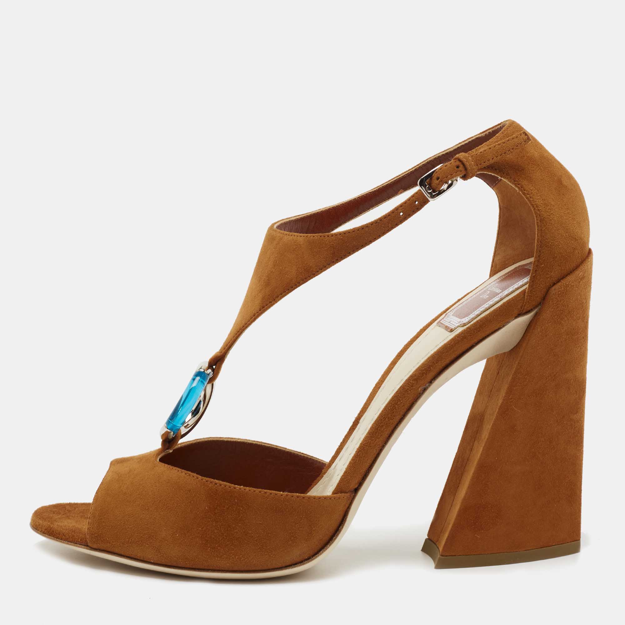 Dior Brown Suede Escale Block Heel T Strap Sandals Size 41