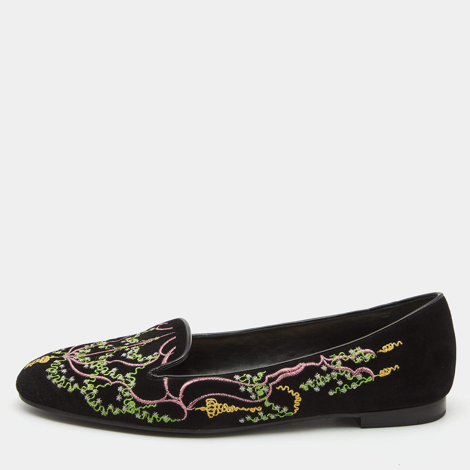 Christian Dior Black Surreal Embroidered Suede Loafers store Flats