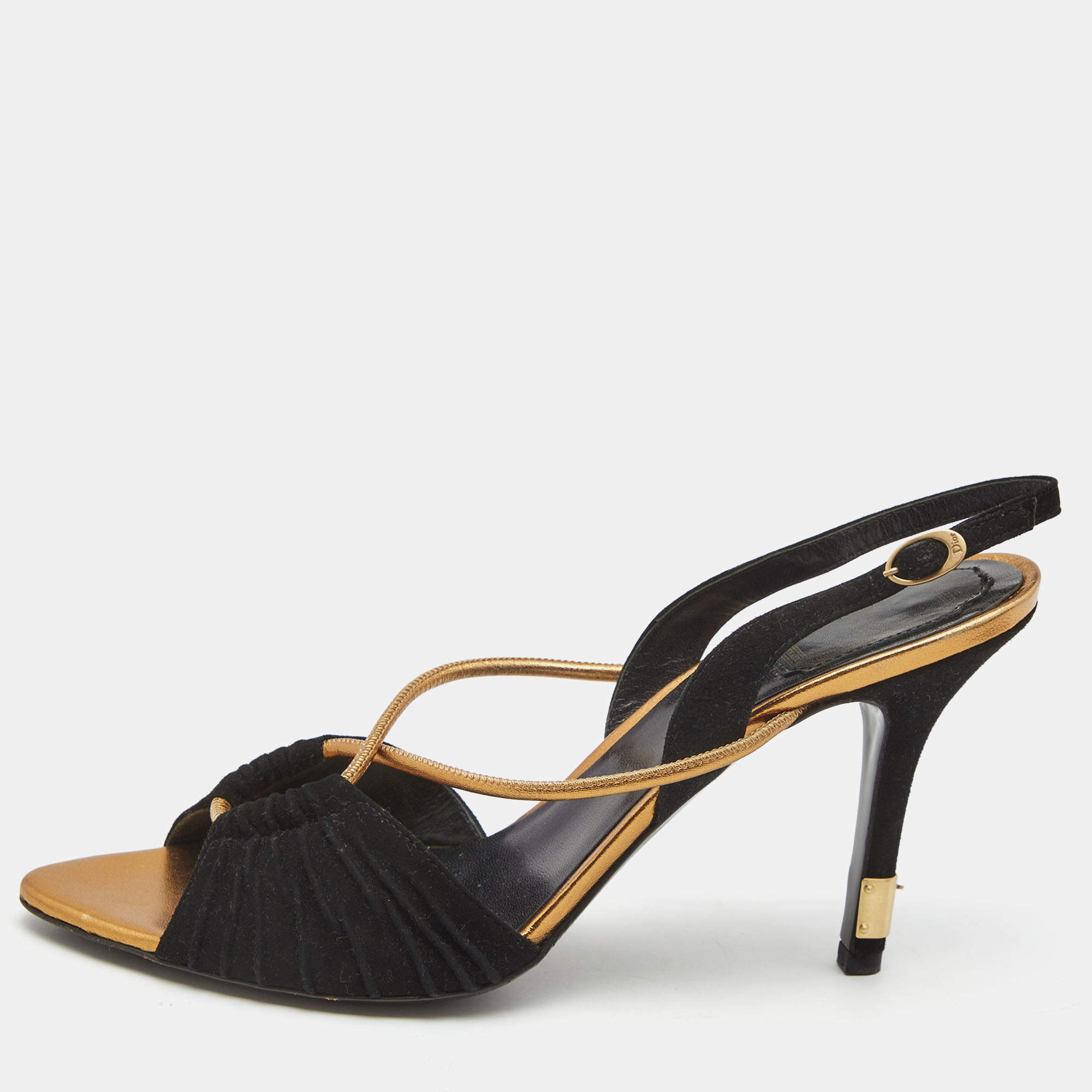 Dior Black/Golden Leather and Suede Slingback Sandals Size 39.5