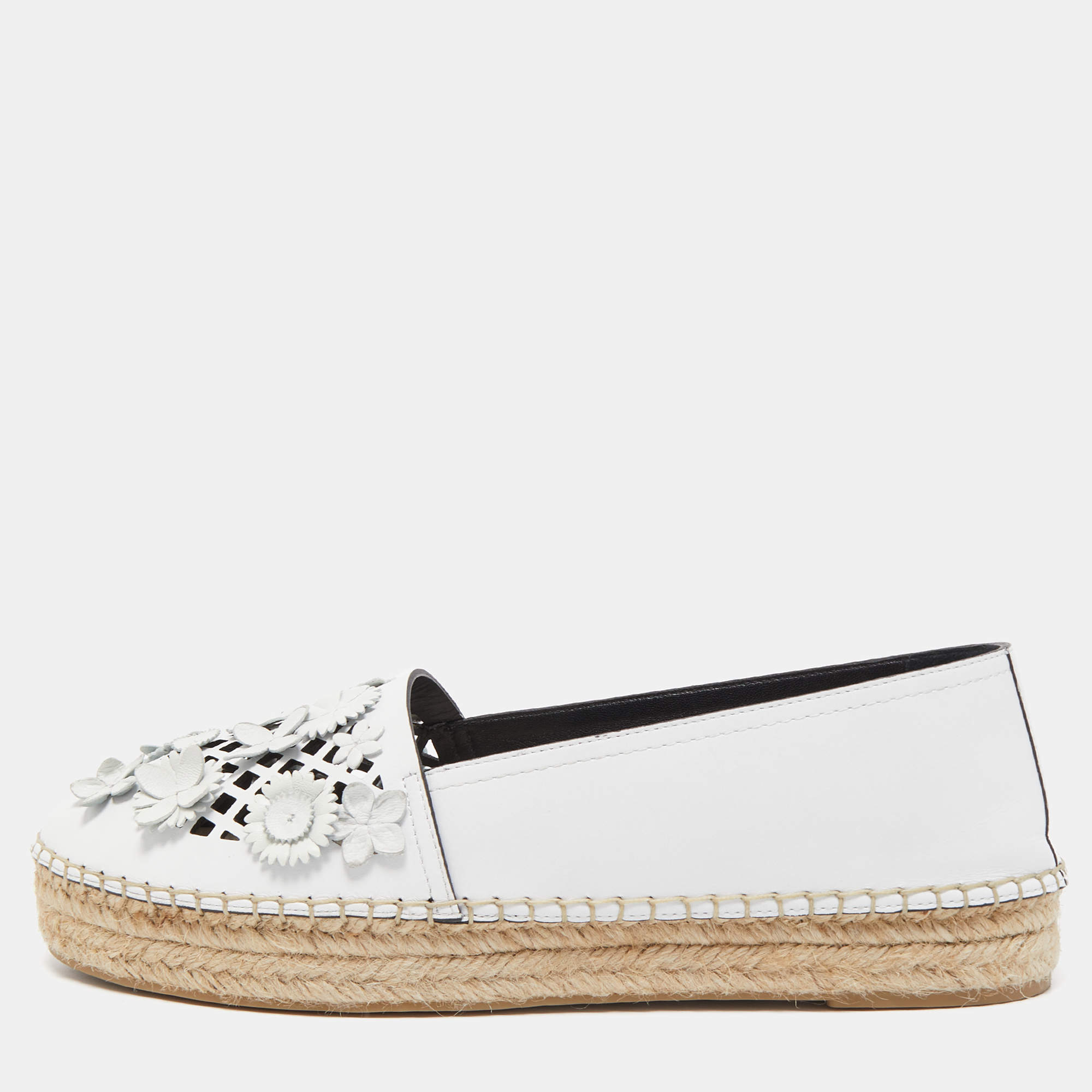 Dior Light Grey Laser Cut Leather Flower Applique Flore Flat Espadrilles Size 38