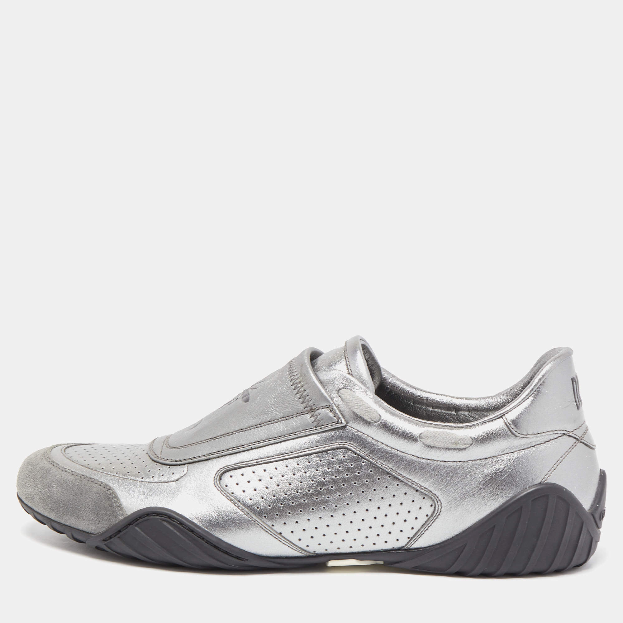Pre Owned Dior Metallic Grey Leather and Suede D-Fence Sneakers Size 39
