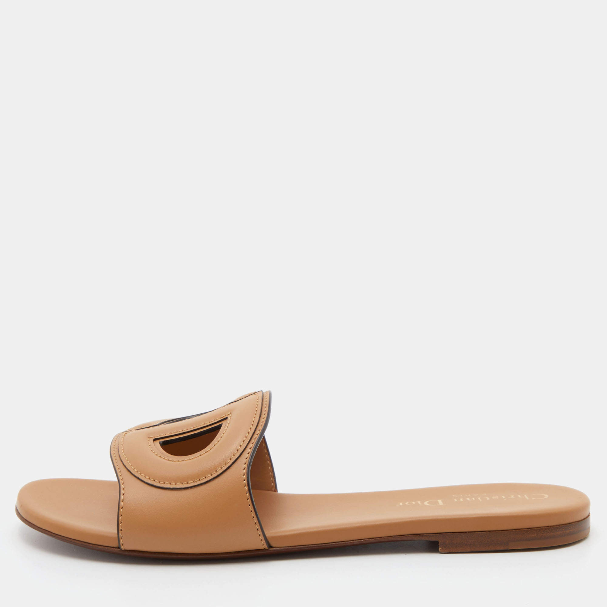 Dior Beige Leather D Club Flat Slides Size 37.5