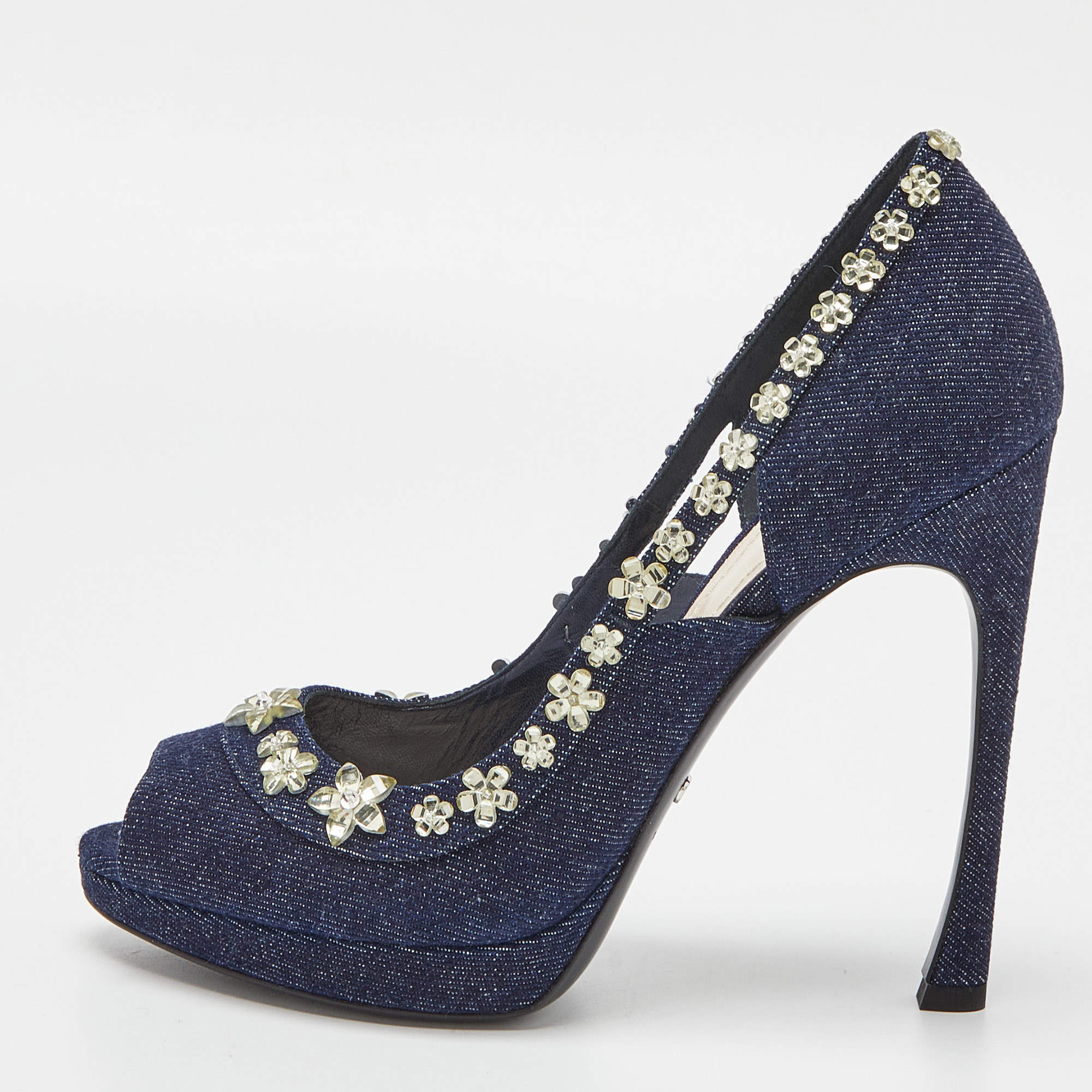 Pre Owned Dior Blue Denim Crystal Embellished Garland Peep Toe Pumps Size 38.5