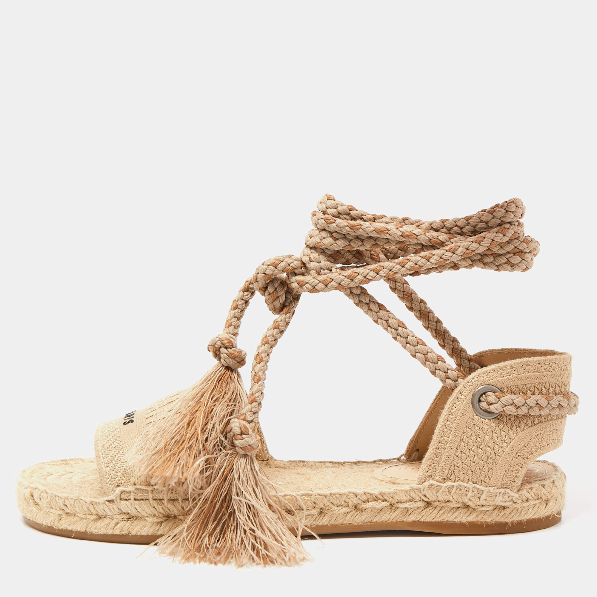 Dior Beige Embroidered Canvas Granville Espadrille Ankle Tie Sandals Size 36