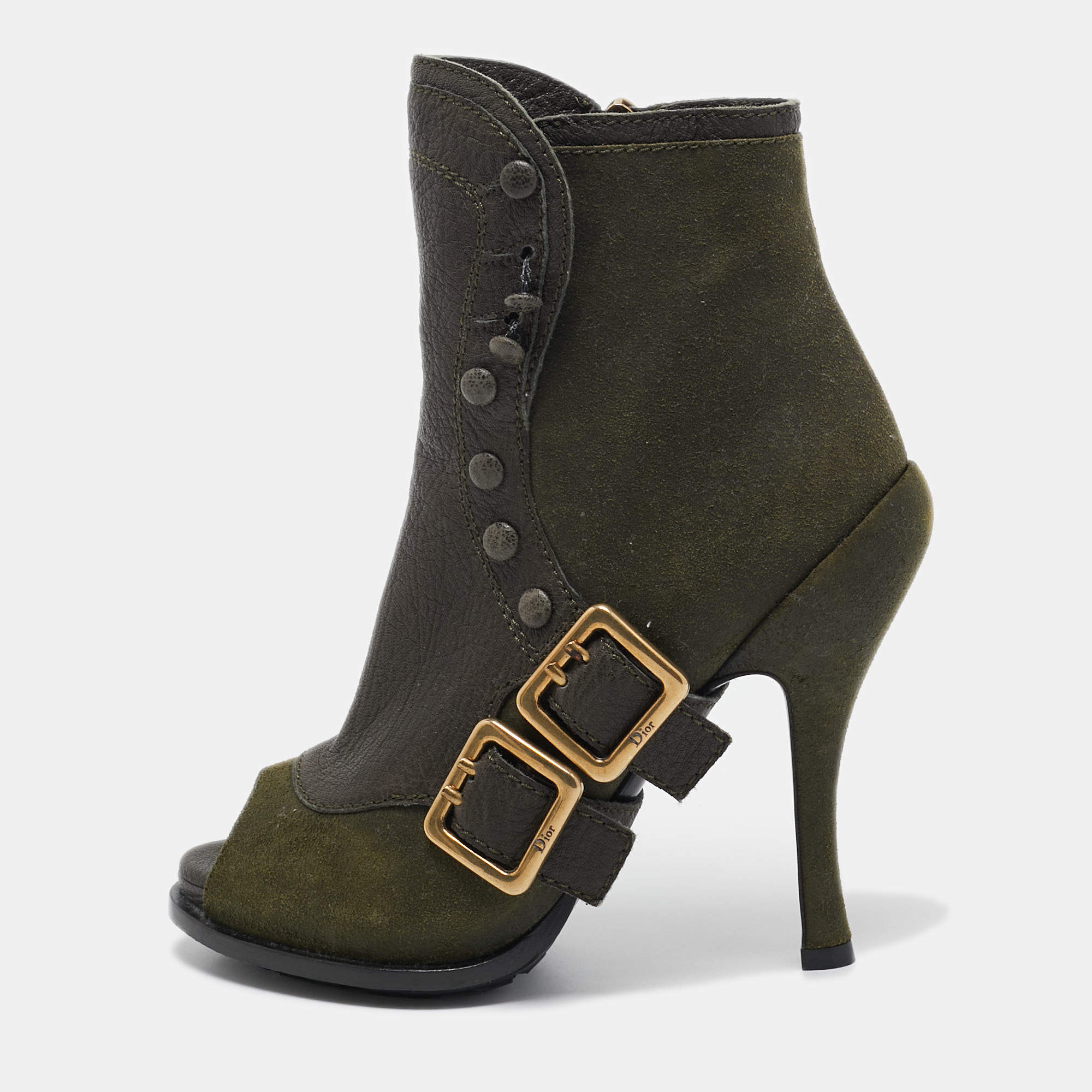 Dior Green Suede and Leather Peep Toe Ankle Boots Size 35.5 
